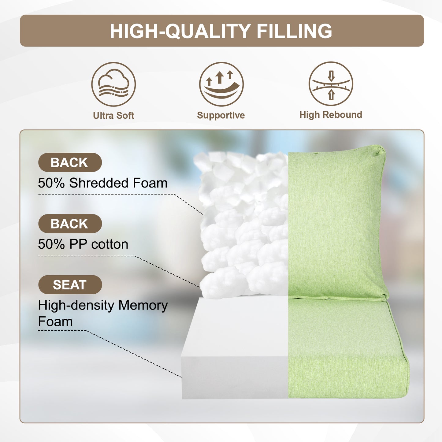 Waterproof Outdoor Deep Seat Cushion Set with Adjustable Straps & Removable Cover - Green Aoodor