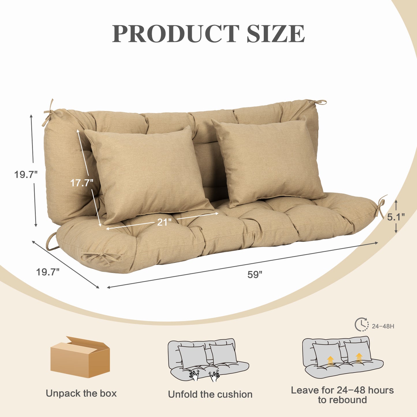 59" Tufted Porch Swing Cushions, Extra 5.1" Thick Outdoor Swing Bench Replacement Cushion with Backrest and 2 Pillows - Brown Aoodor