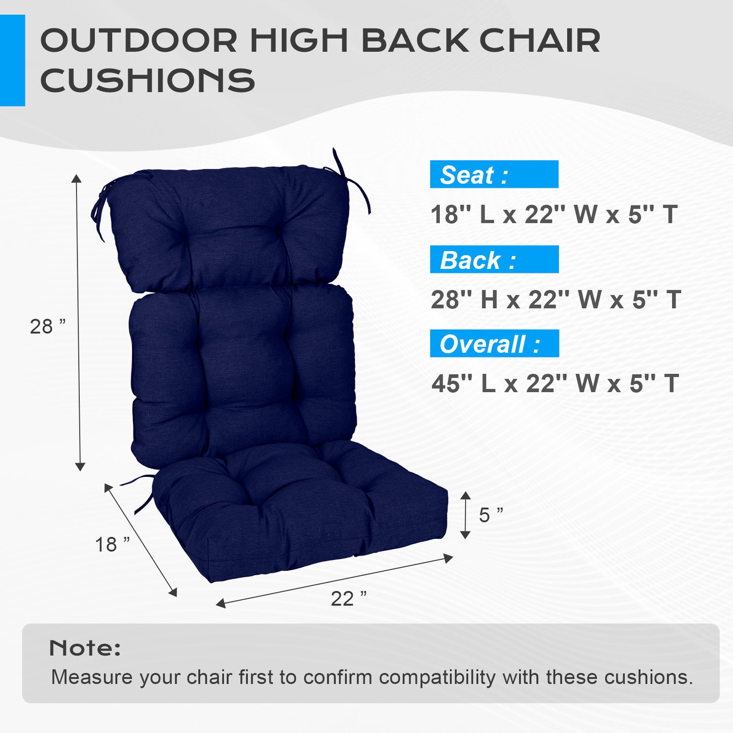 Outdoor Tufted High Back Cushions Patio Replacement Chair Cushion with Ties - Dark Blue