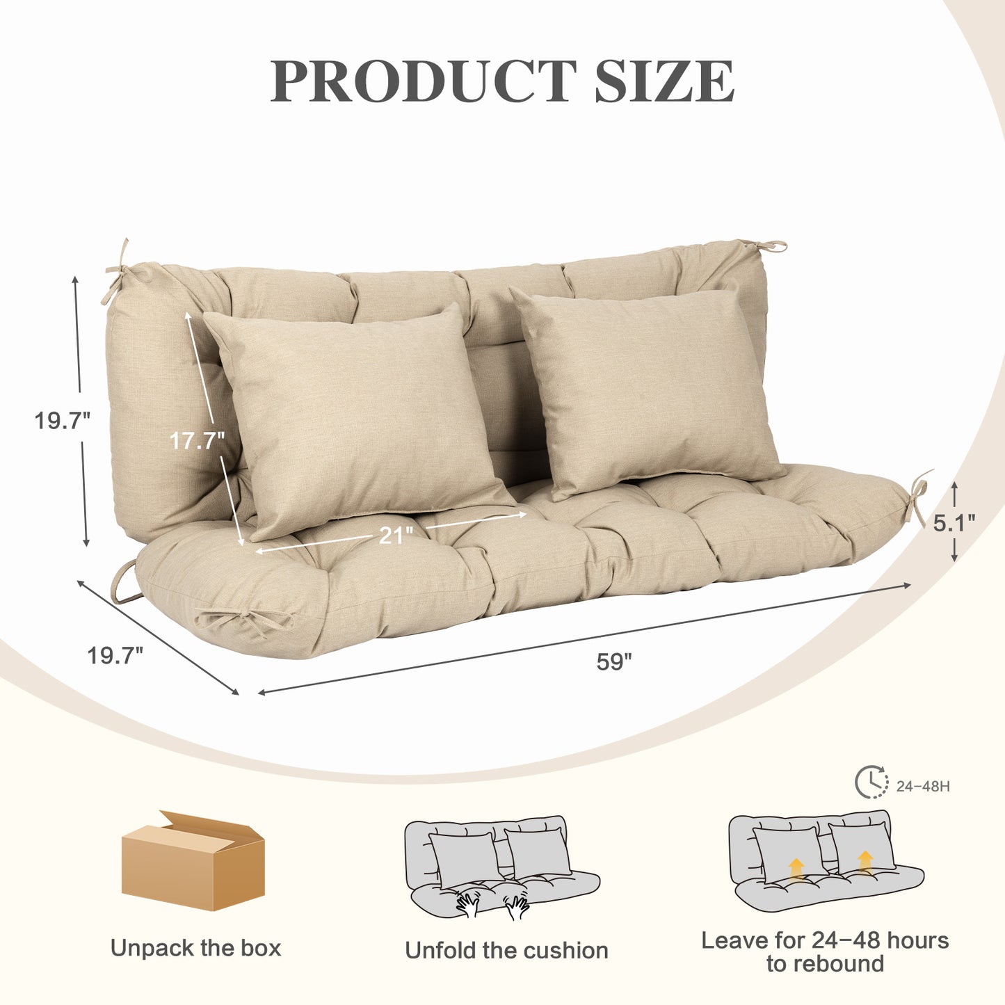 59" Tufted Porch Swing Cushions, Extra 5.1" Thick Outdoor Swing Bench Replacement Cushion with Backrest and 2 Pillows - Khaki Aoodor