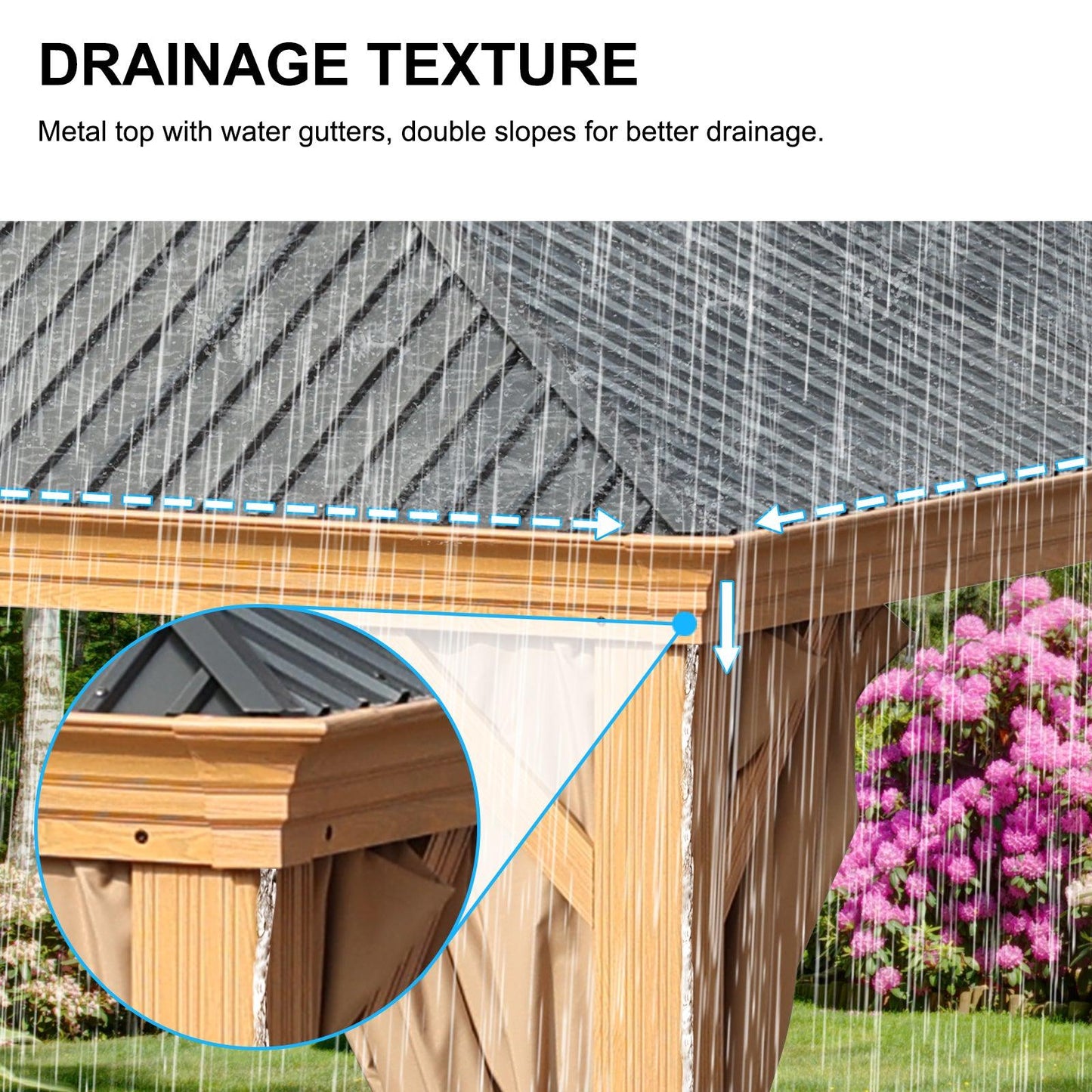 12'x16' Aluminum Gazebo with Wood Grain Finish, 2-Tier Steel Roof, Curtains and Netting