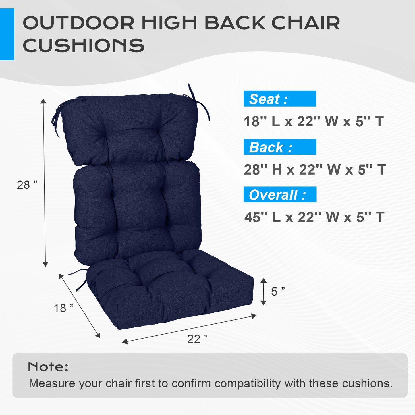 Tufted Outdoor High Back Chair Cushions Patio Rocking Pads for Furniture, Dark Blue