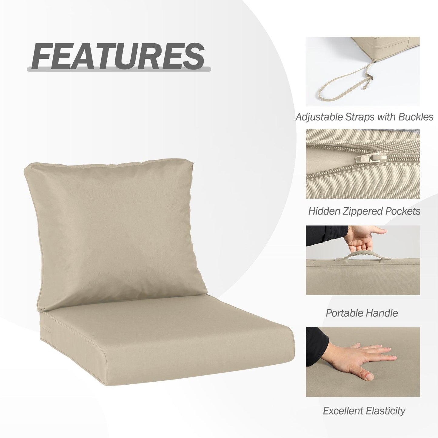 Outdoor Chair Cushions, Patio Deep Seat Cushions with Handle & Adjustable Straps - Khaki