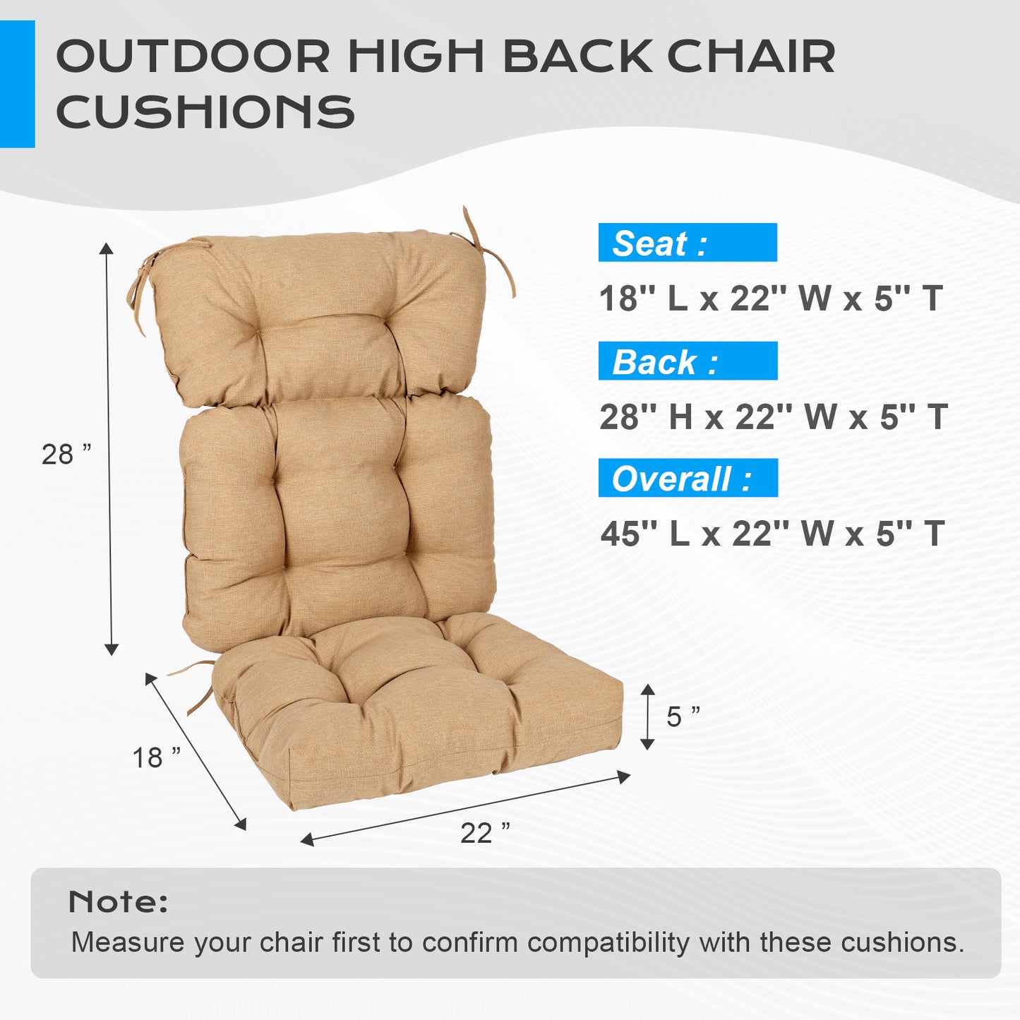 Outdoor Tufted High Back Cushions Patio Replacement Chair Cushion with Ties - Brown