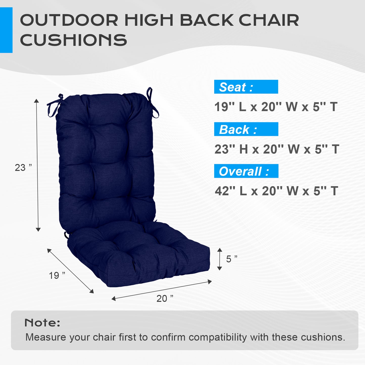 Outdoor Tufted High Back Cushions Patio Replacement Chair Cushion with Ties - Dark Blue