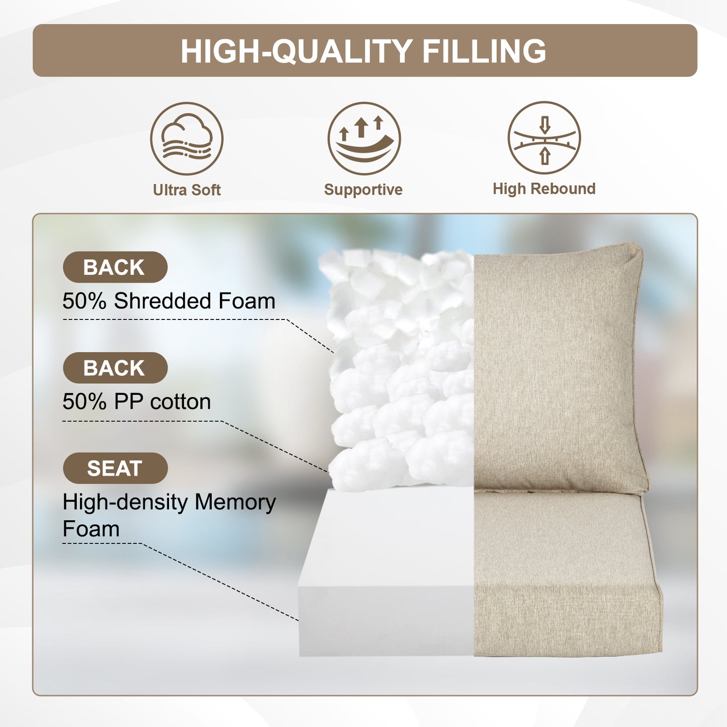 Waterproof Outdoor Deep Seat Cushion Set with Adjustable Straps & Removable Cover - Brown Aoodor