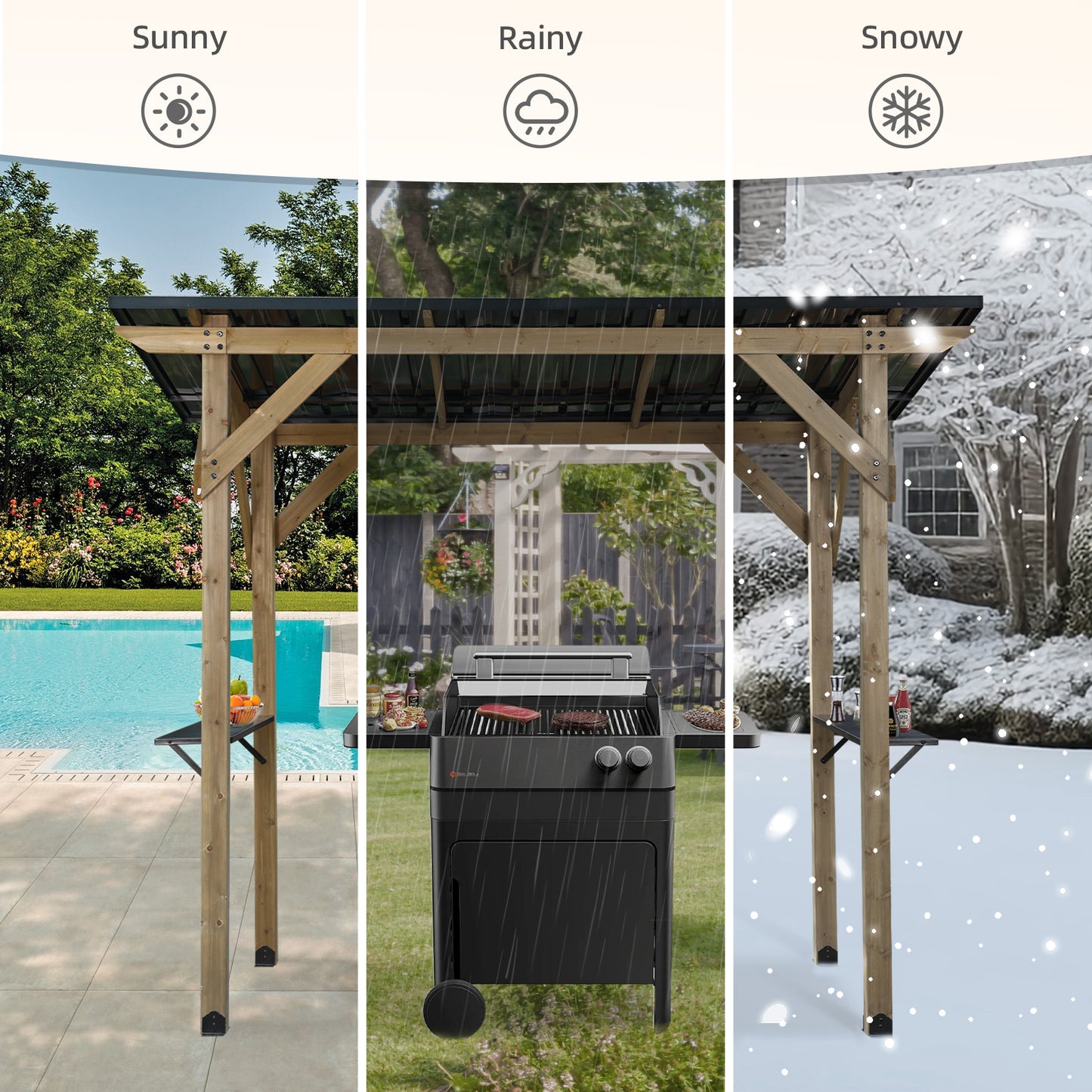 8'x5' Wooden Grill Gazebo, Outdoor Hardtop Gazebo with Sloping Metal Roof and 2 Side Shelves, Fits Most Grills, BBQ Canopy