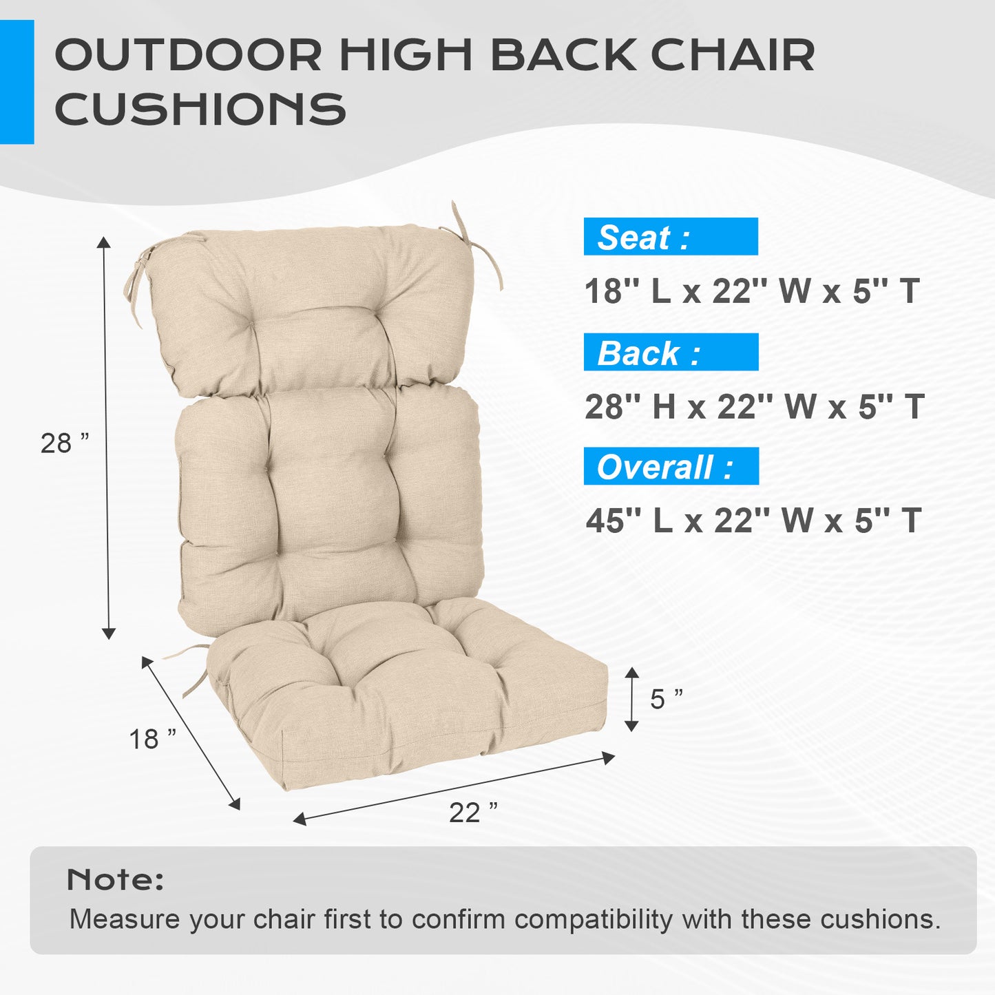 Tufted Outdoor High Back Chair Cushions Patio Rocking Pads for Furniture, Khaki