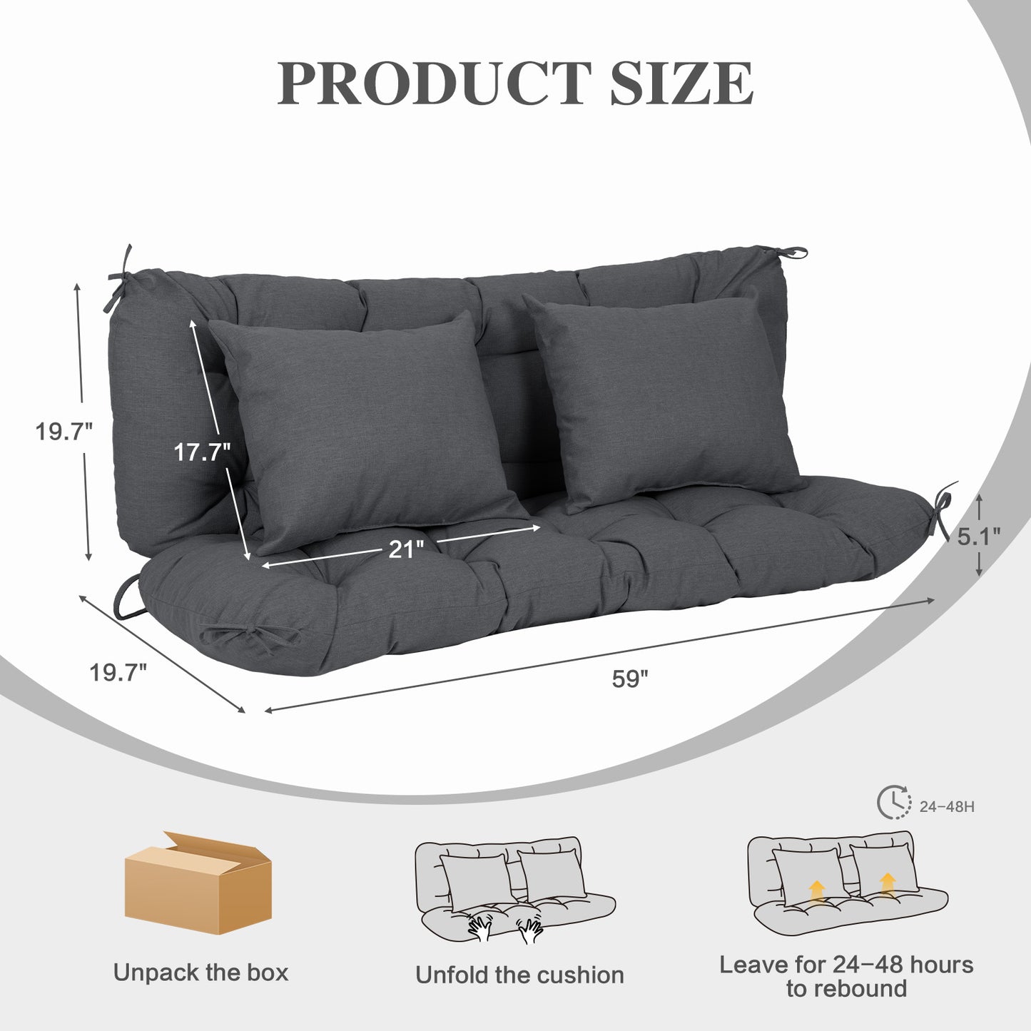 59" Tufted Porch Swing Cushions, Extra 5.1" Thick Outdoor Swing Bench Replacement Cushion with Backrest and 2 Pillows - Dark Gray