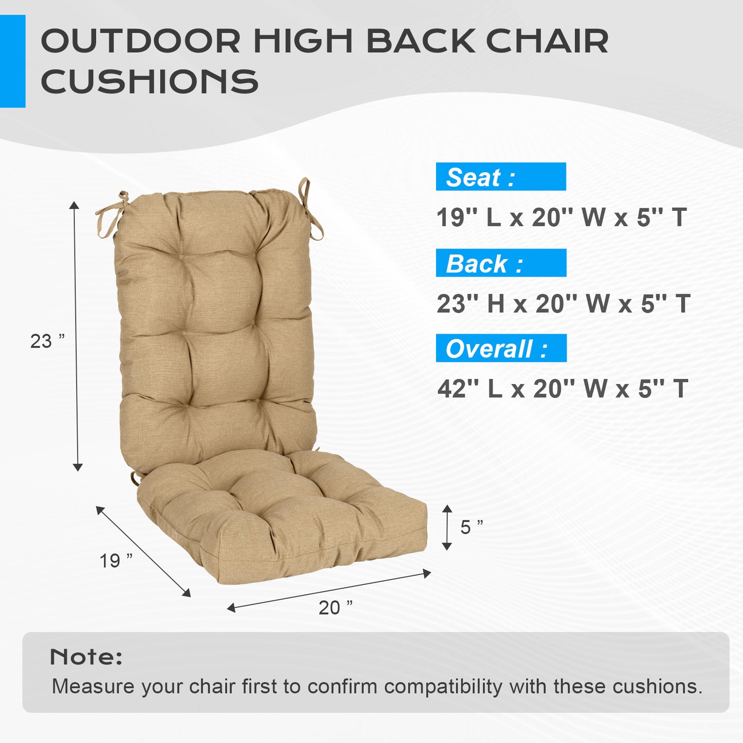 Tufted Outdoor High Back Chair Cushions Patio Replacement Cushion, Brown