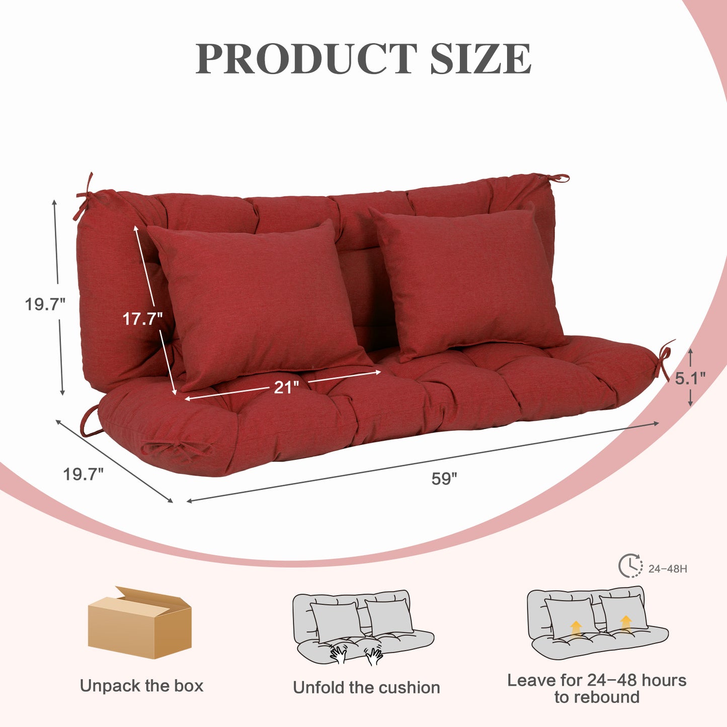 59" Tufted Porch Swing Cushions, Extra 5.1" Thick Outdoor Swing Bench Replacement Cushion with Backrest and 2 Pillows - Red Aoodor