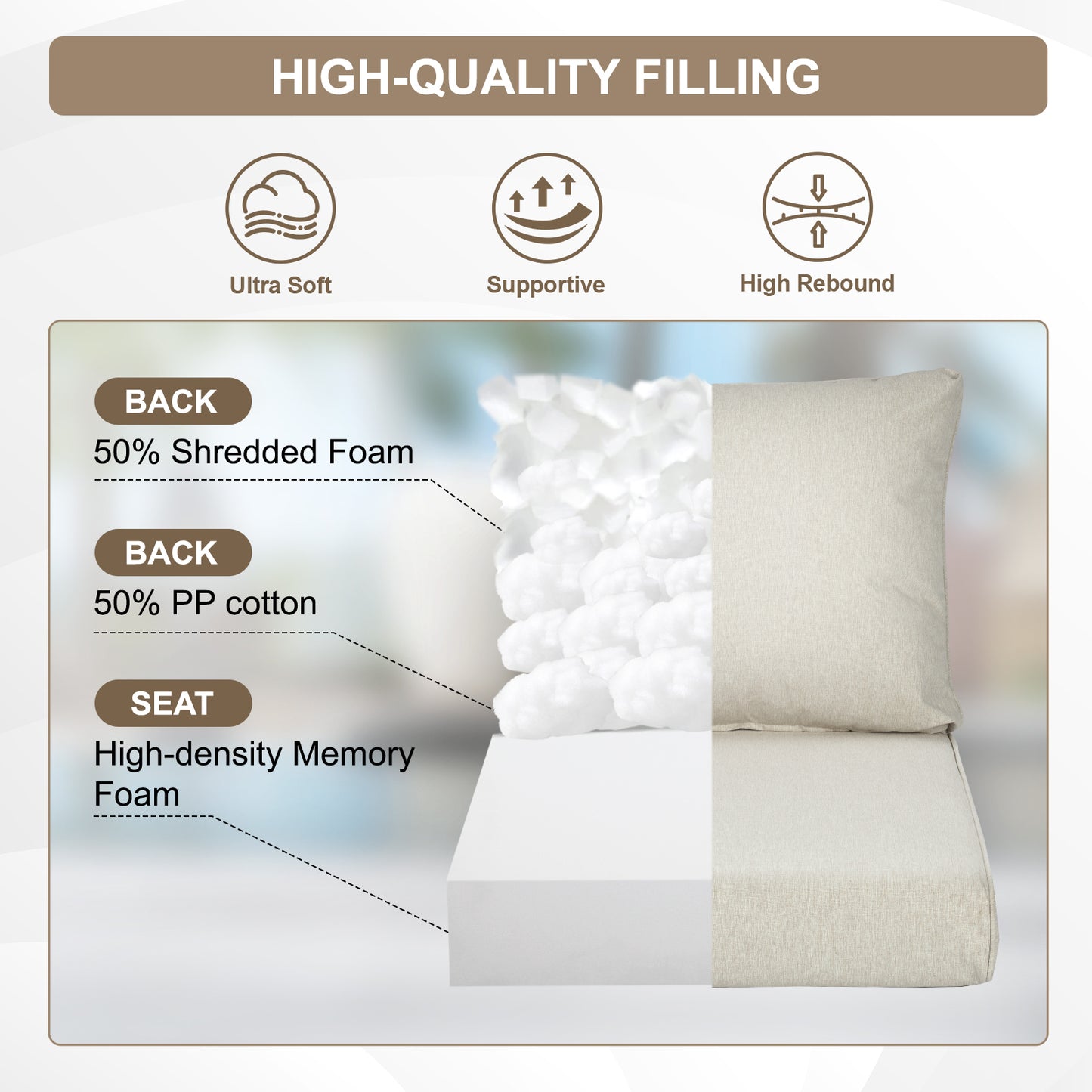 Waterproof Outdoor Deep Seat Cushion Set with Adjustable Straps & Removable Cover - Khaki Aoodor