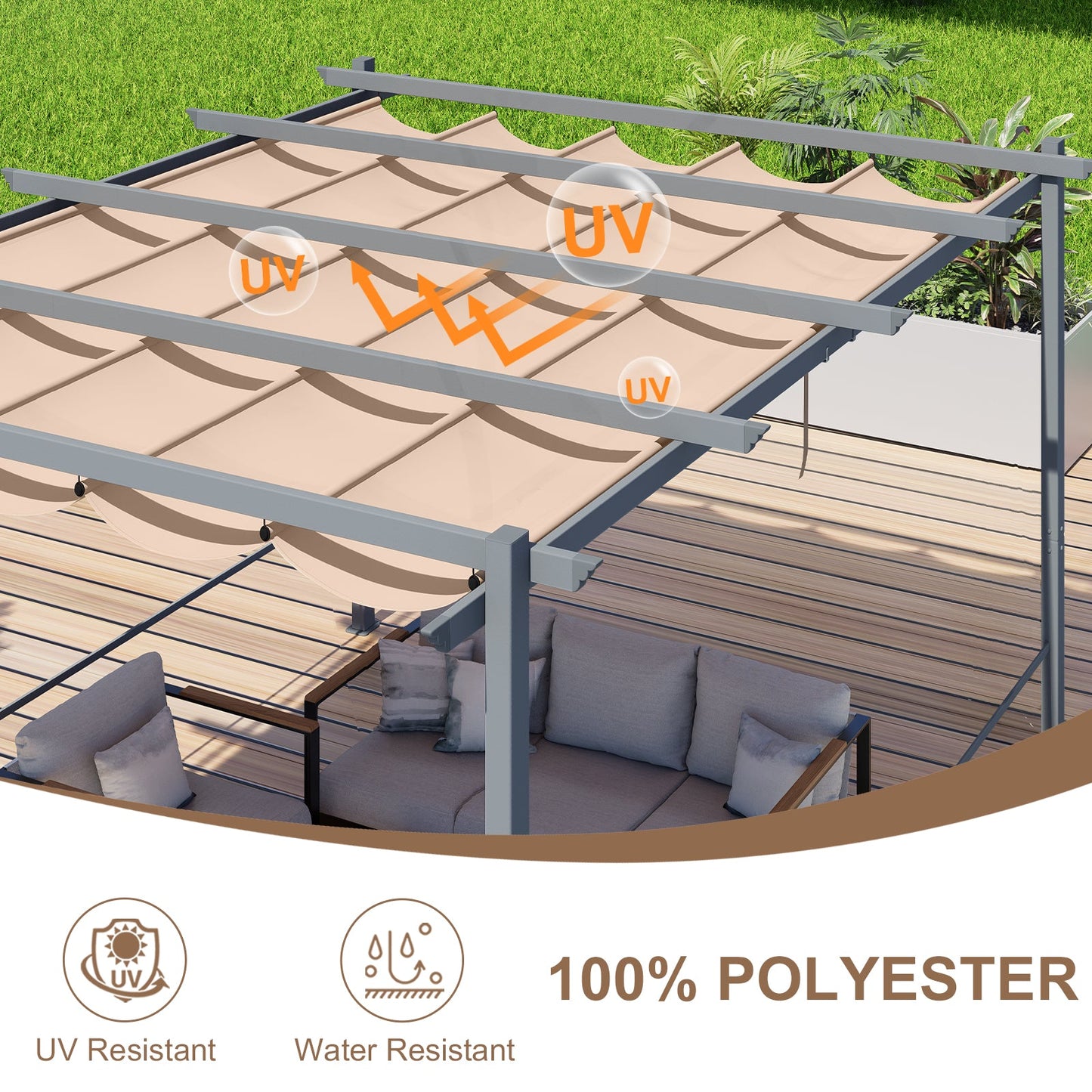 Pergola Replacement Canopy - Retractable Sun Shade Cover with Water-Resistant & UPF 50+ UV Blocking for Outdoor Patio