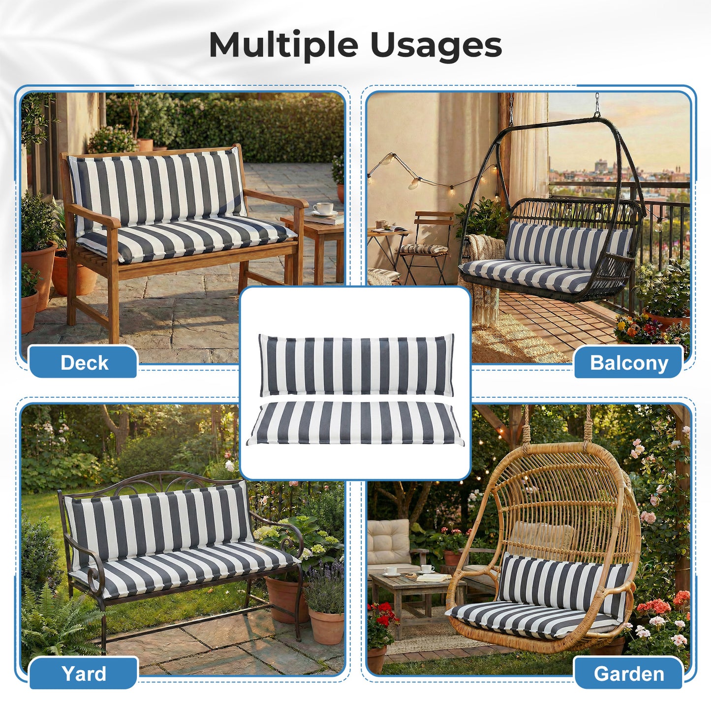 Outdoor 2-3 Seater Bench Cushion Set for Patio Swing and Bench, Grey Stripe