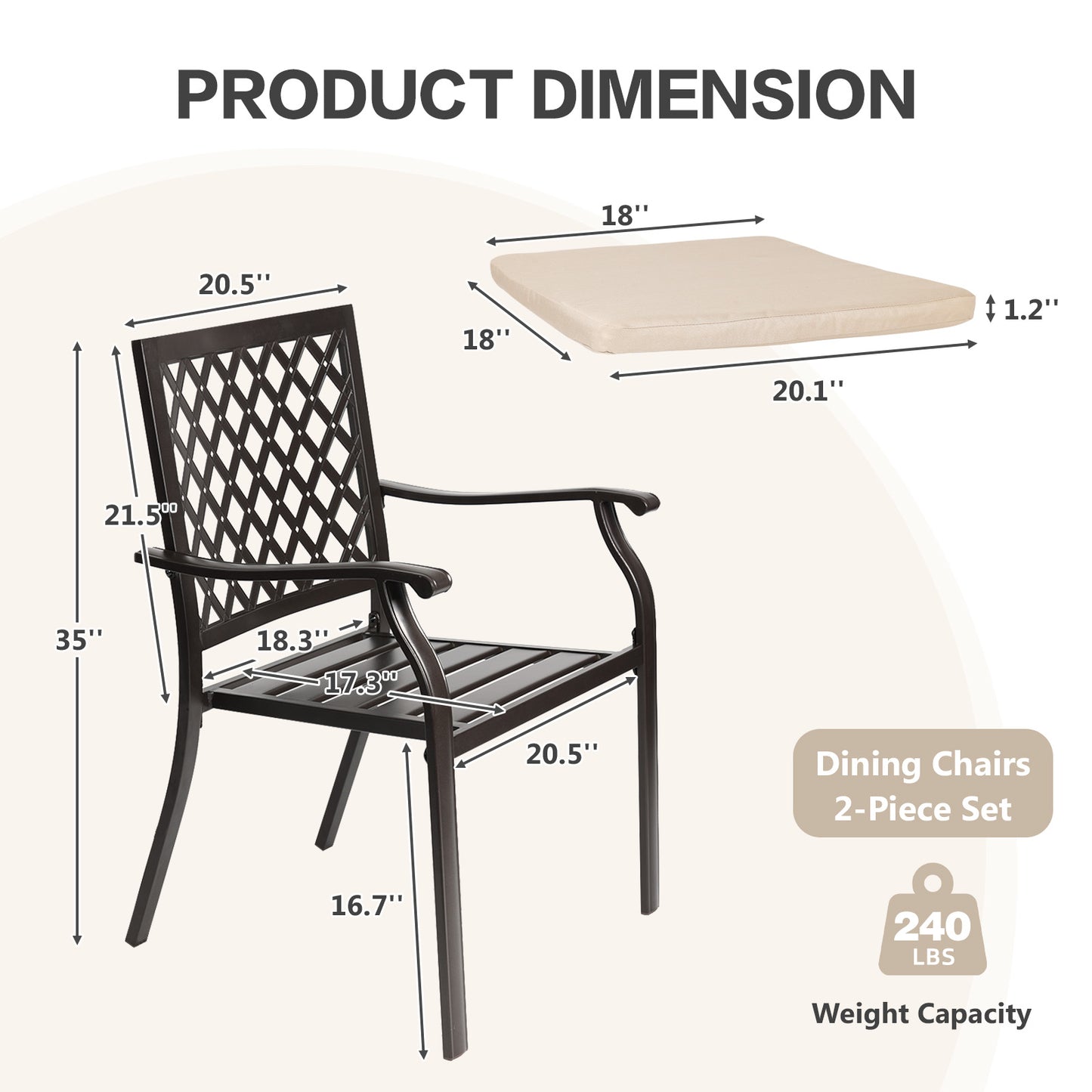 2-Piece Set Outdoor Patio Metal Dining Chairs with Seat Cushions