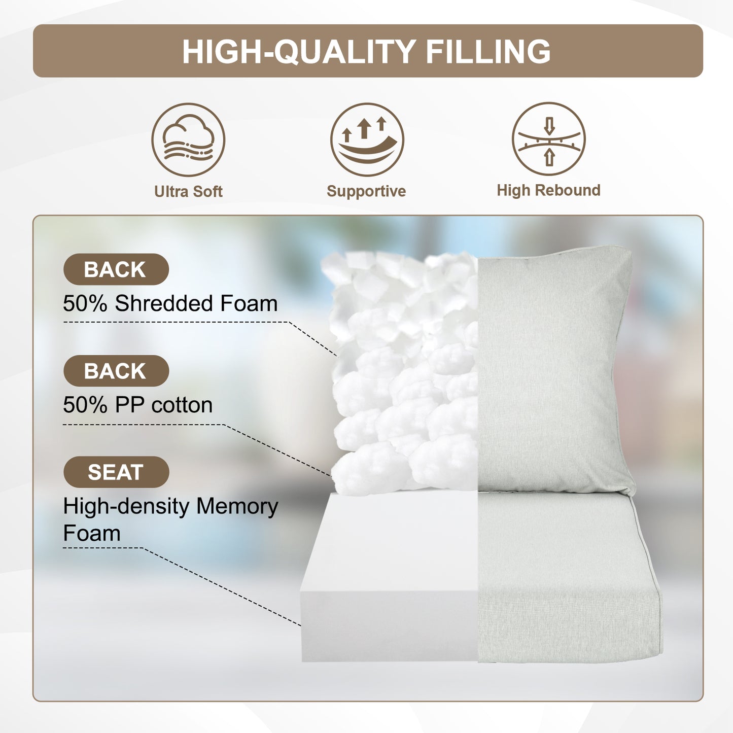 Waterproof Outdoor Deep Seat Cushion Set with Adjustable Straps & Removable Cover - Light Gray Aoodor