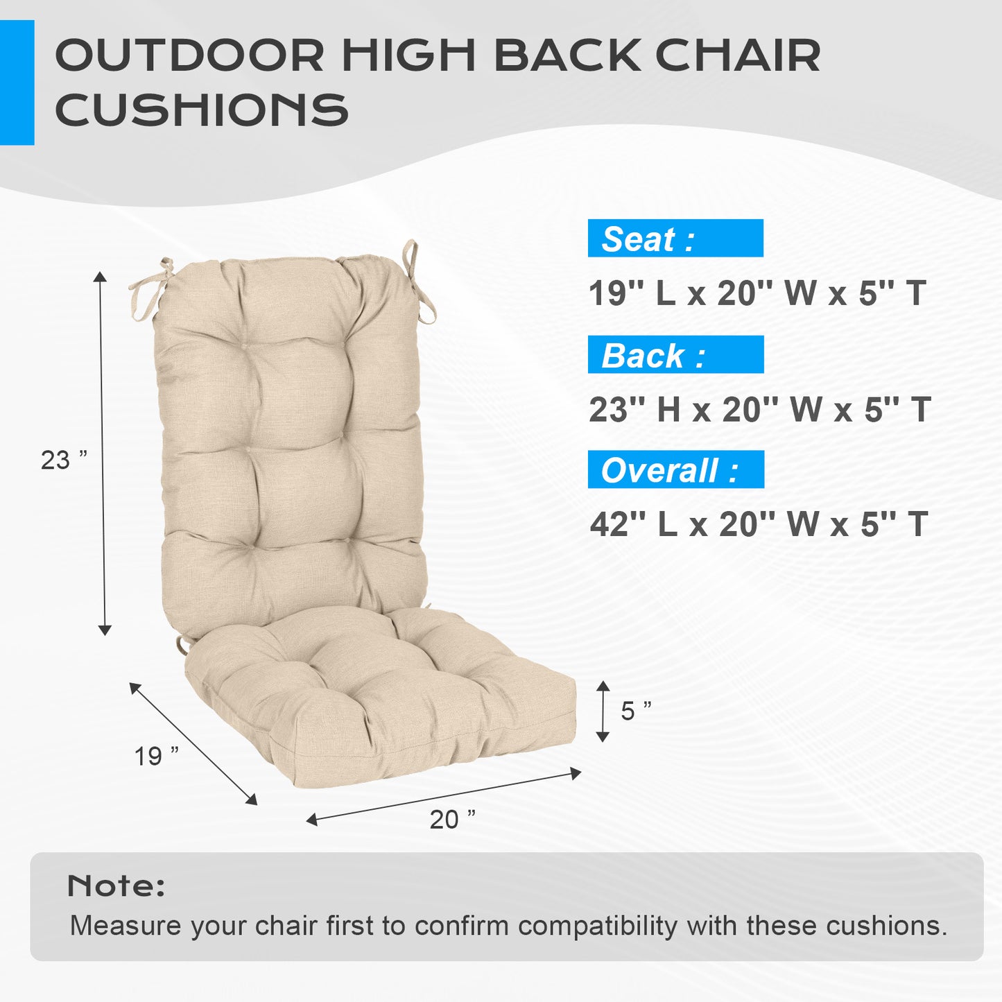 Tufted Outdoor High Back Chair Cushions Patio Replacement Cushion, Khaki