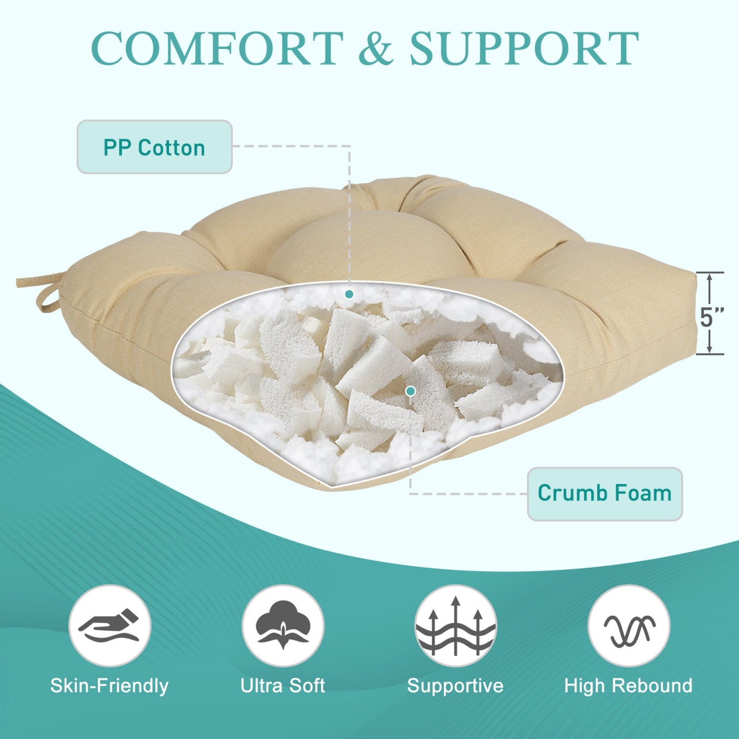 19x19x5 Inch Tufted Outdoor Chair Cushions, Water and Fade Resistant Polyester Dining Chair Pads with Ties - Khaki Aoodor