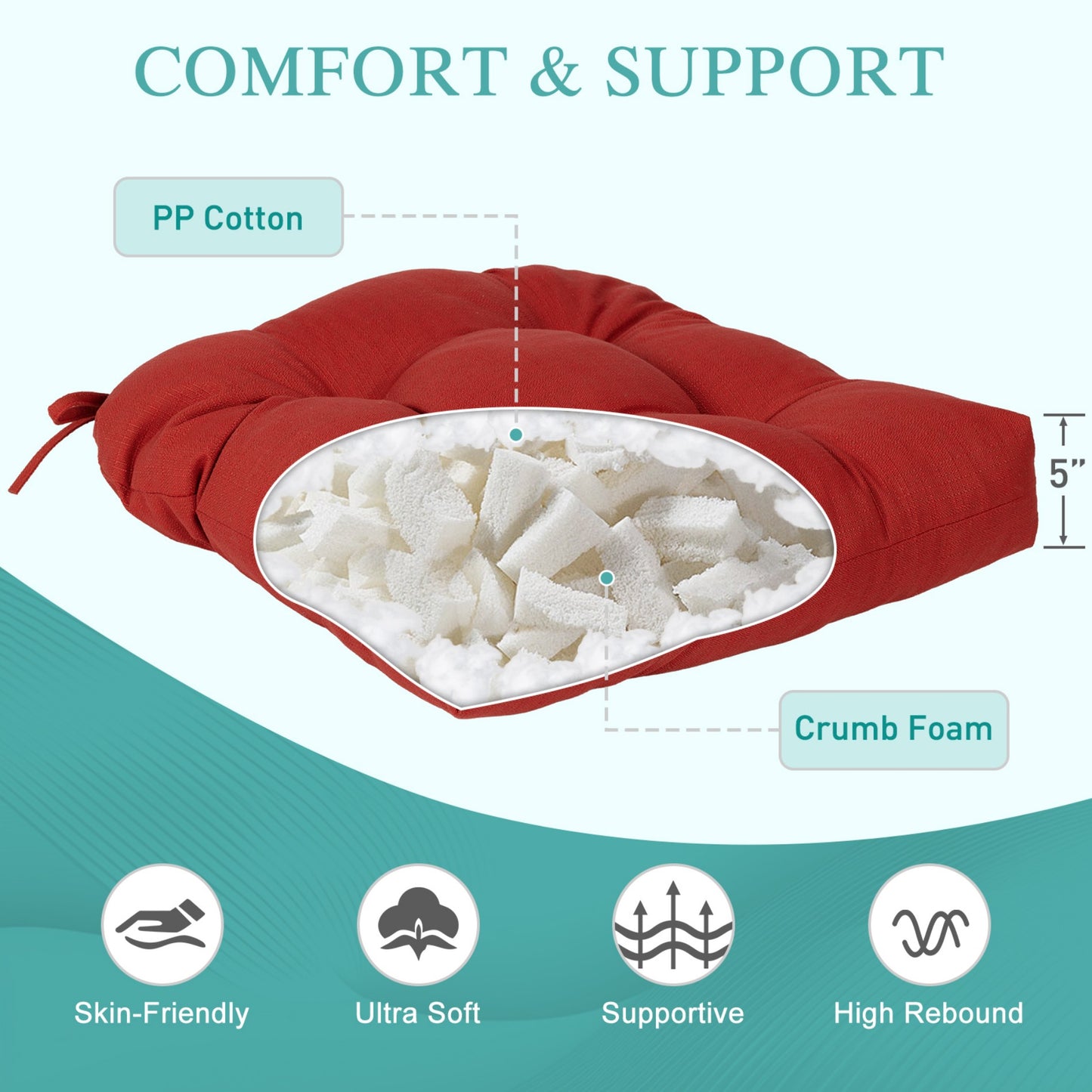 19x19x5 Inch Tufted Outdoor Chair Cushions, Water and Fade Resistant Polyester Dining Chair Pads with Ties - Red Aoodor