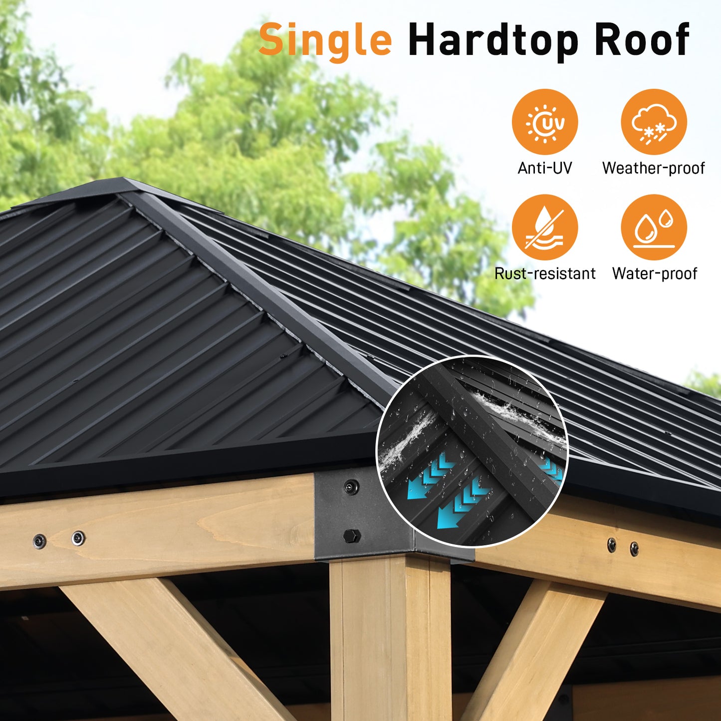 10'x10' Outdoor Patio Wooden Frame Gazebo with Galvanized Metal Hardtop Roof and Charging Socket