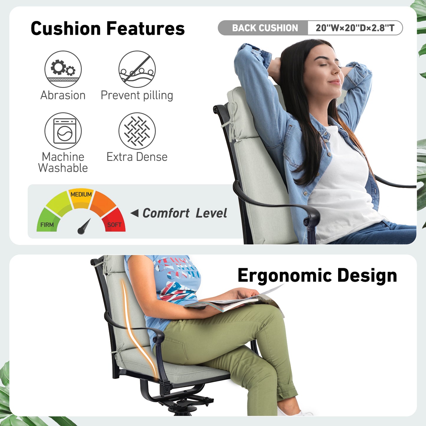 Outdoor High Back Dining Chair Cushion Set, Polyester Fabric, TPU Water Repellent Coating, Light Gray Aoodor