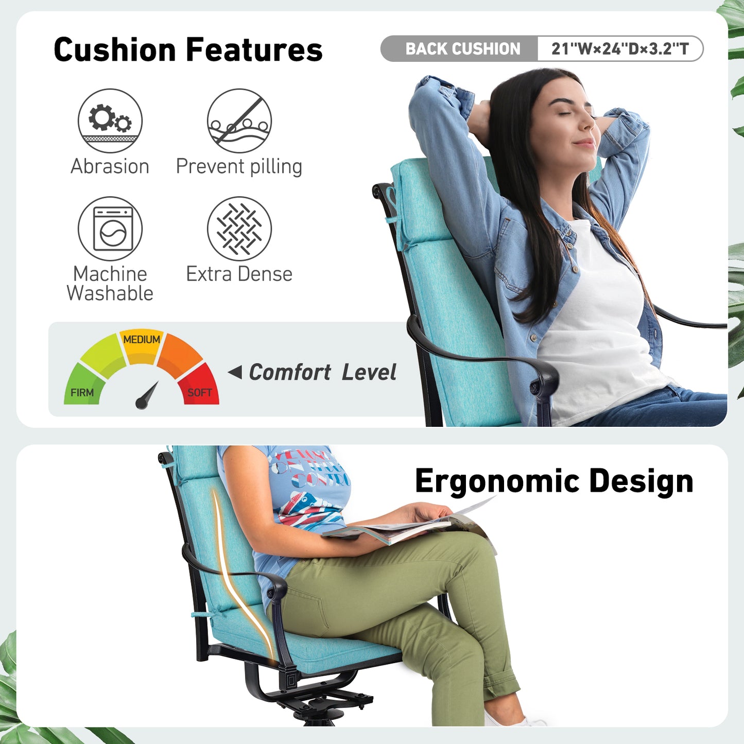 Outdoor High Back Dining Chair Cushion Set, Polyester Fabric, TPU Water Repellent Coating, Teal Aoodor