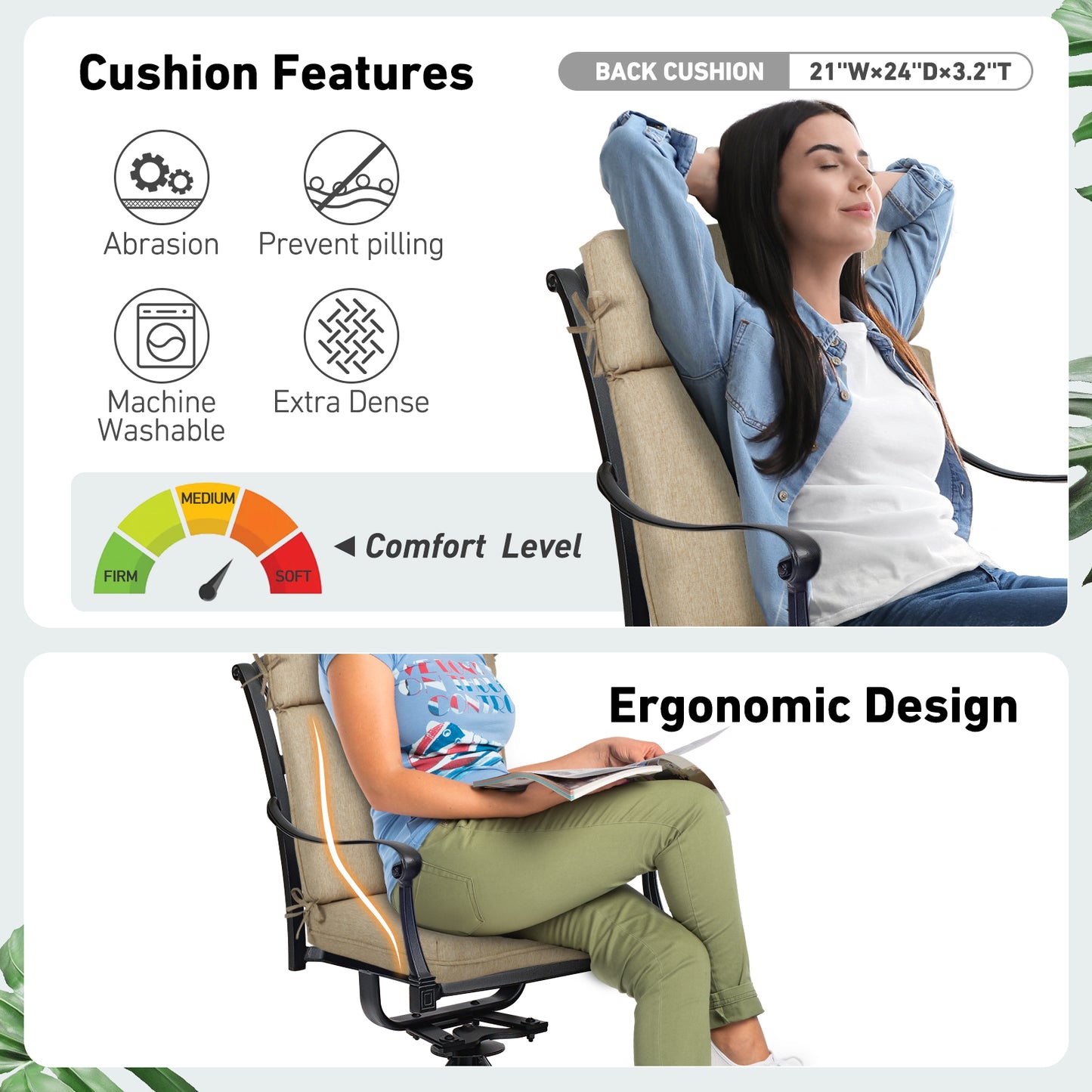 Outdoor High Back Dining Chair Cushion Set, Polyester Fabric, TPU Water Repellent Coating, Brown Aoodor