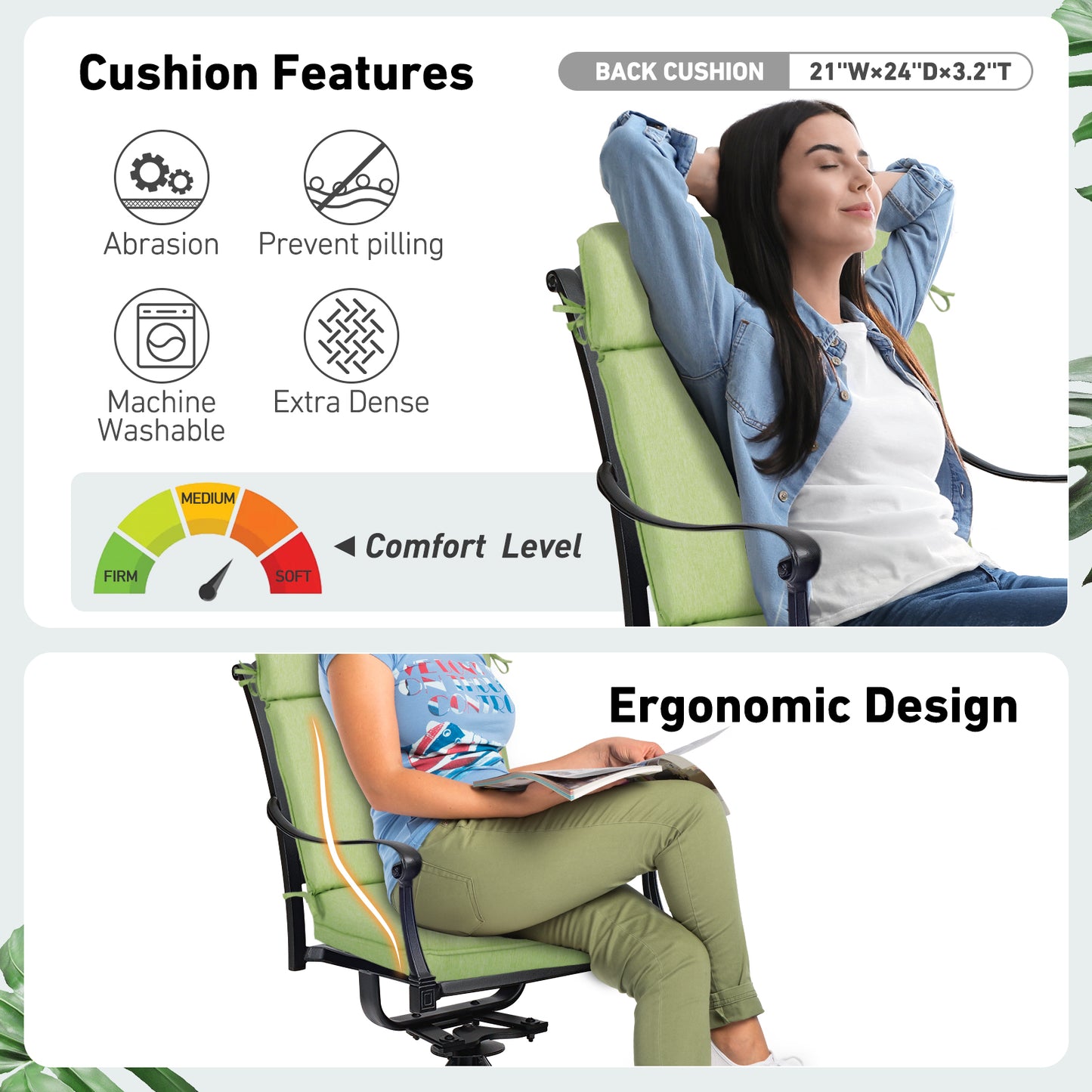 Outdoor High Back Dining Chair Cushion Set, Polyester Fabric, TPU Water Repellent Coating, Green Aoodor
