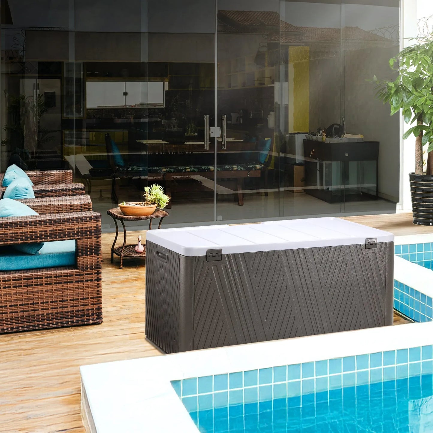 85 Gallon Deck Box, Outdoor Patio Bench Storage Box Weather-Resistant Lockable - Aoodor