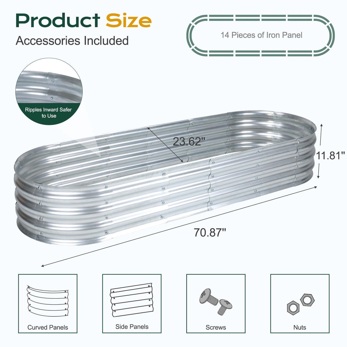71(L)x24(W)x12(H)inch Galvanized Raised Garden Bed Kit, Outdoor Garden Planter Oval Large Boxes for Vegetables, Flowers, Herbs - Silver Aoodor