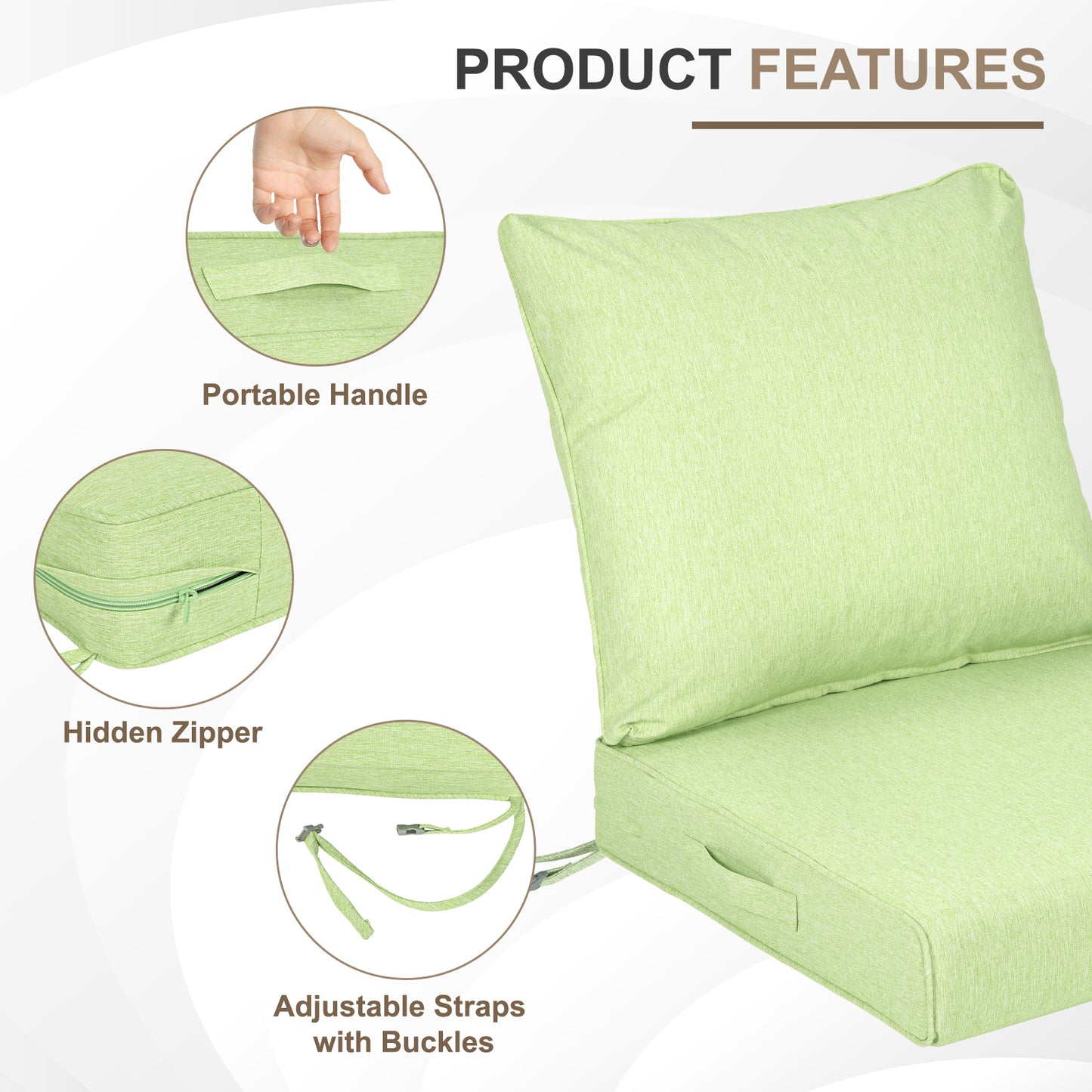 Waterproof Outdoor Deep Seat Cushion Set with Adjustable Straps & Removable Cover - Green Aoodor