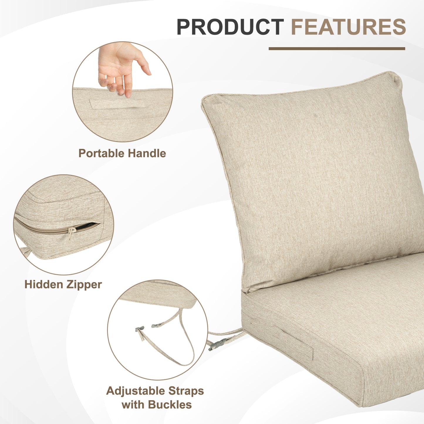 Waterproof Outdoor Deep Seat Cushion Set with Adjustable Straps & Removable Cover - Brown Aoodor