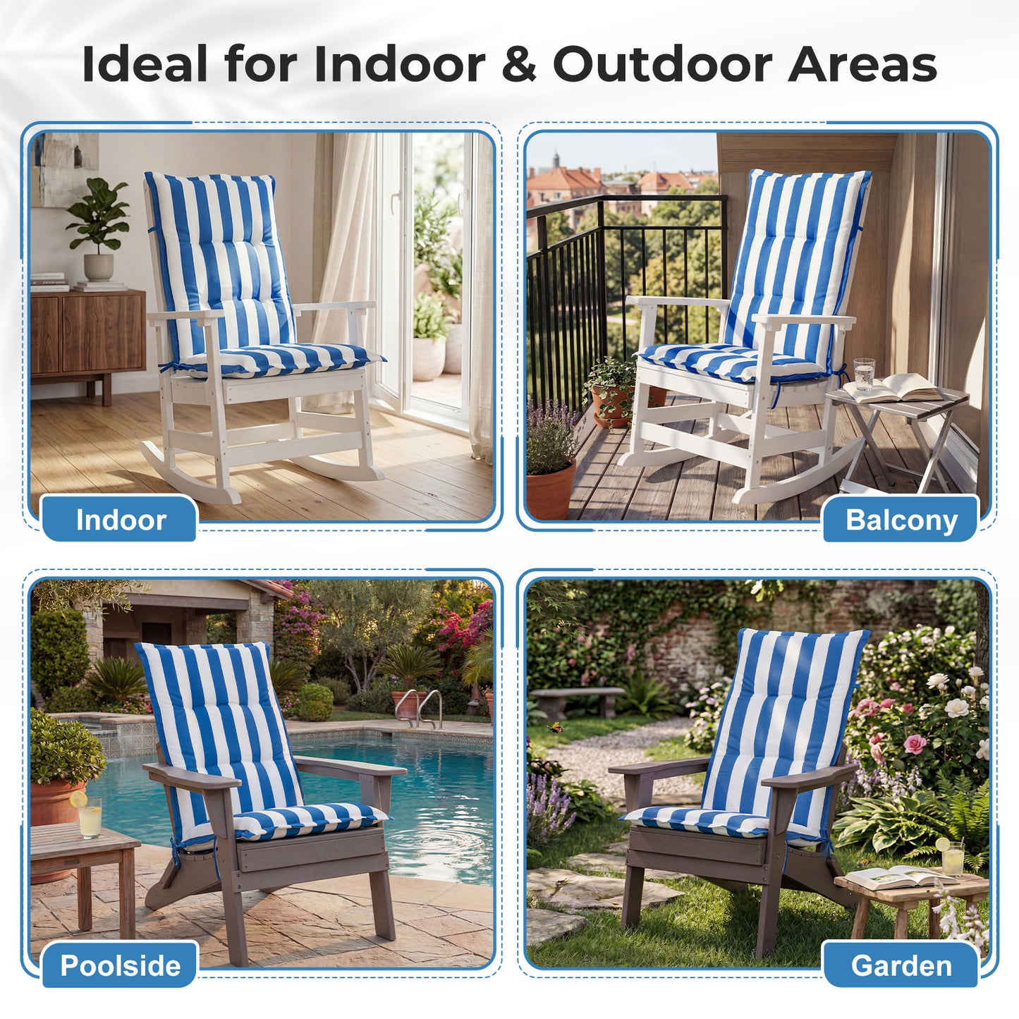 47x21x2.4 inch High Back Tufted Patio Chair Cushions, Blue Stripe