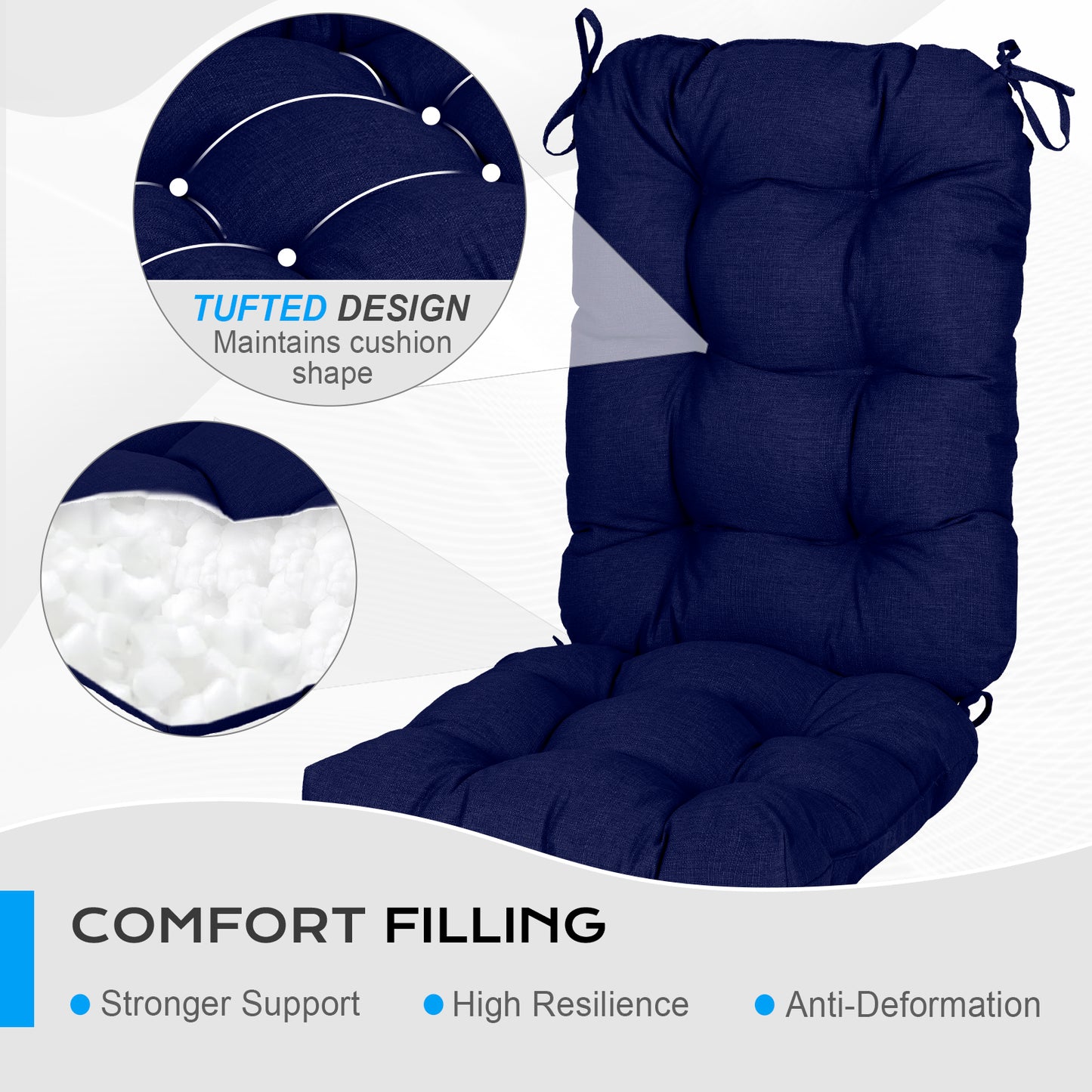 Outdoor Tufted High Back Cushions Patio Replacement Chair Cushion with Ties - Dark Blue