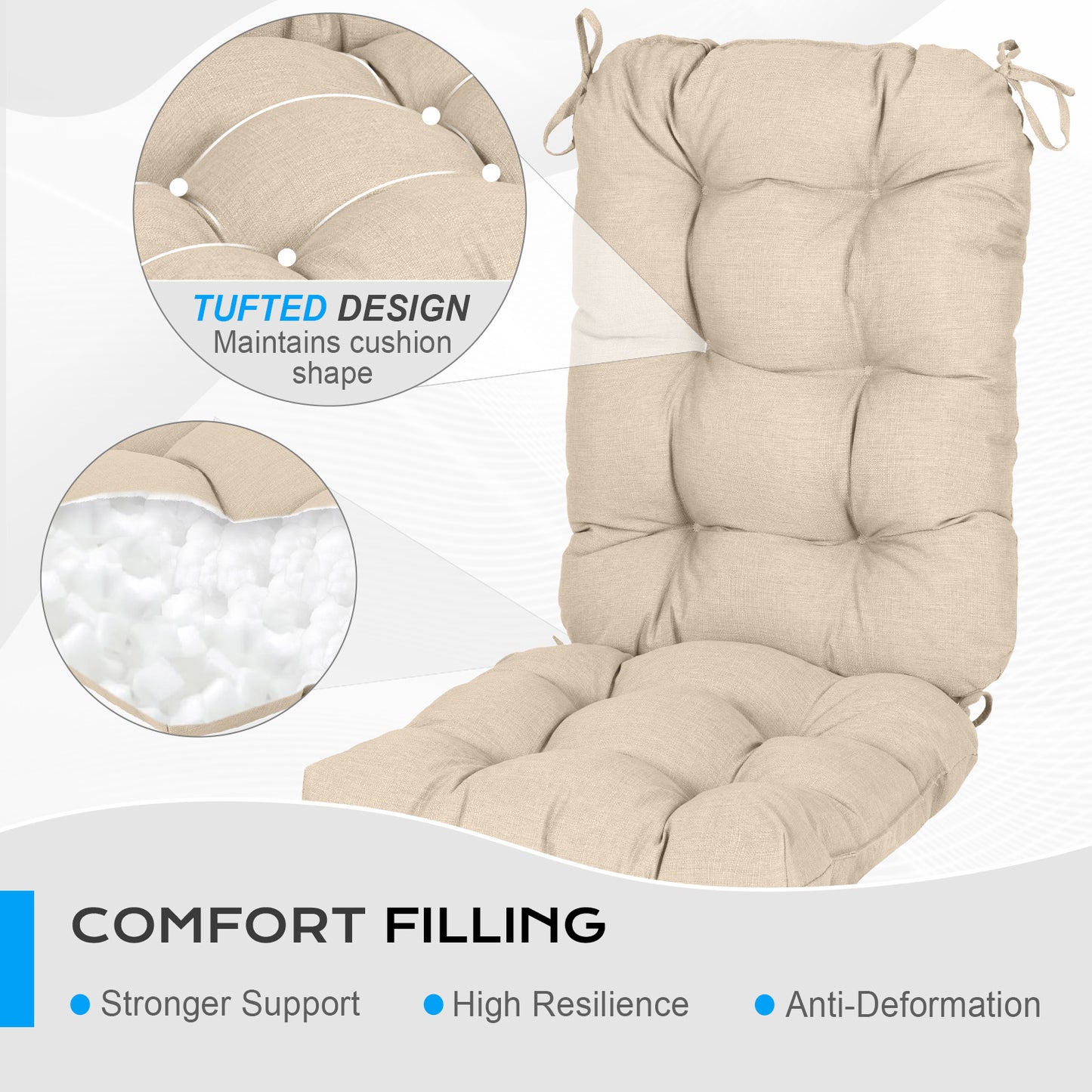 Tufted Outdoor High Back Chair Cushions Patio Replacement Cushion, Khaki