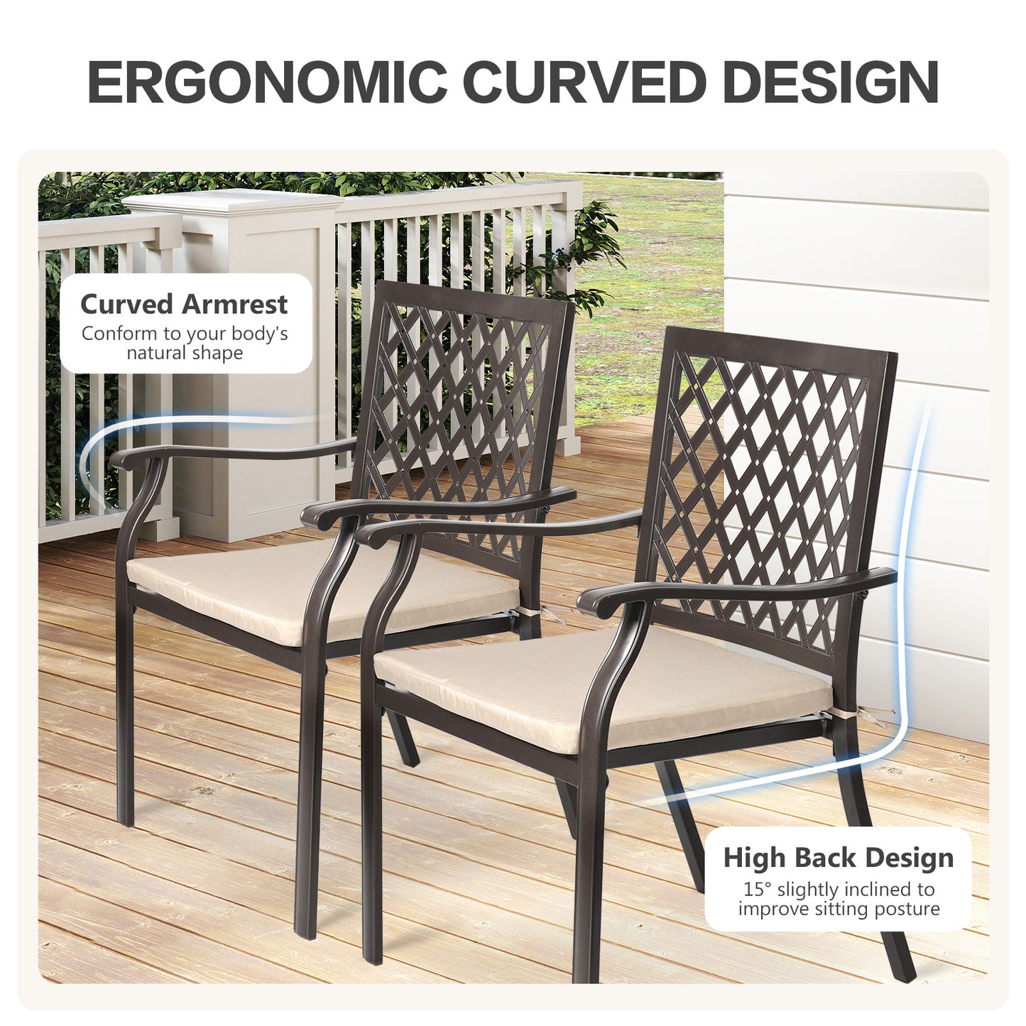 2-Piece Set Outdoor Patio Metal Dining Chairs with Seat Cushions