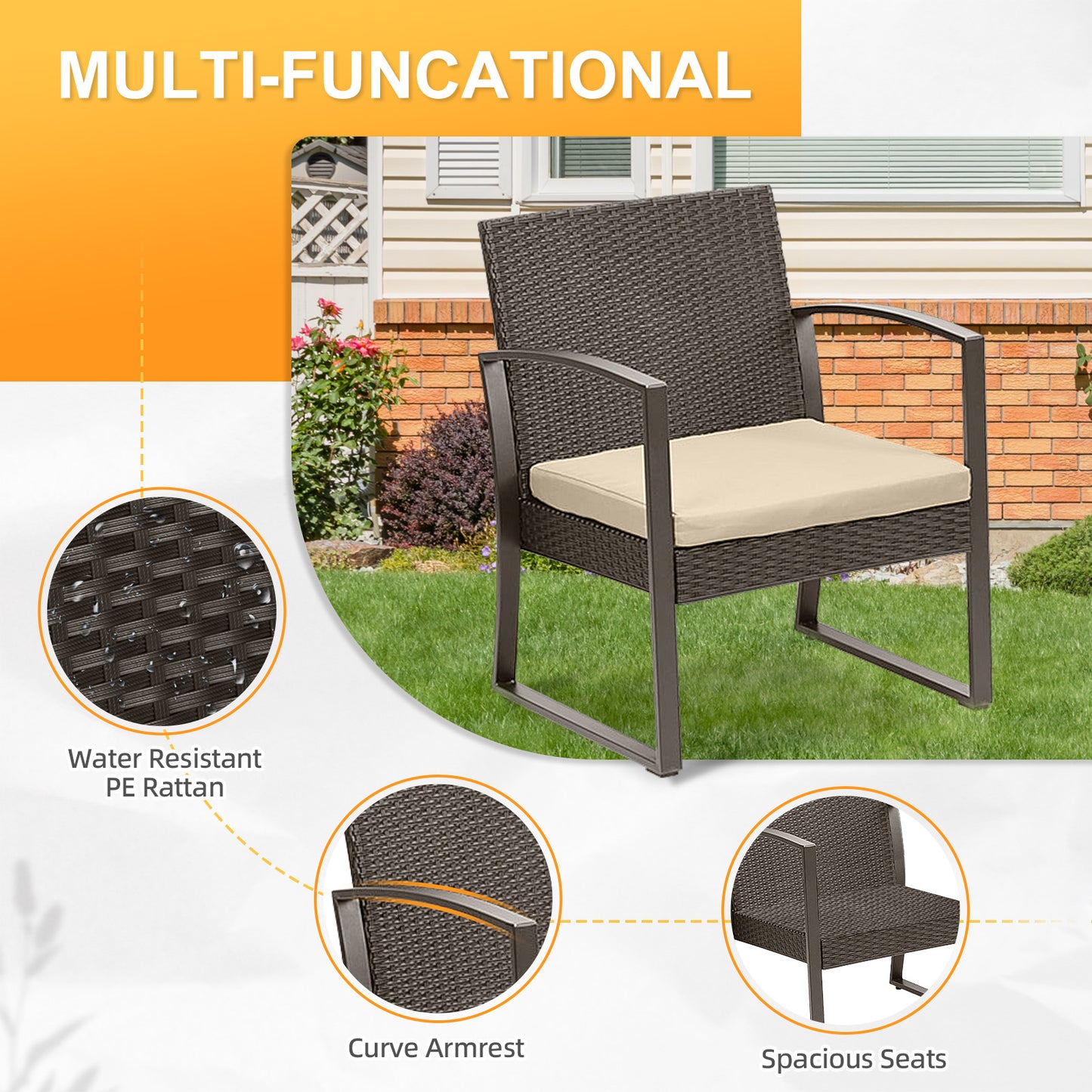 3-Piece Patio Furniture Set - Outdoor Rattan Wicker Chairs with Table, Sofa Set Including Cushions