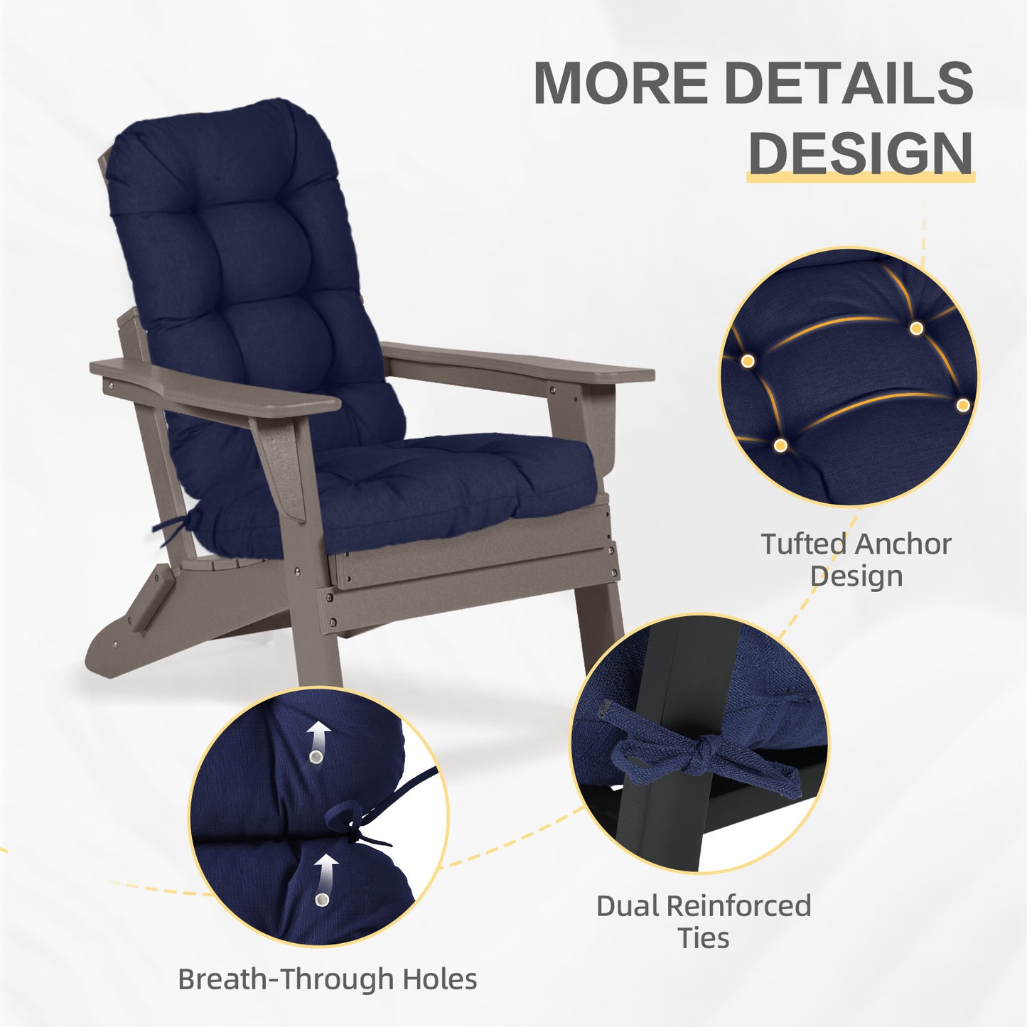 Outdoor High Back Tufted Adirondack Chair Cushion, Patio Rocking Chair Cushions with Ties, Set of 2, Dark Blue Aoodor