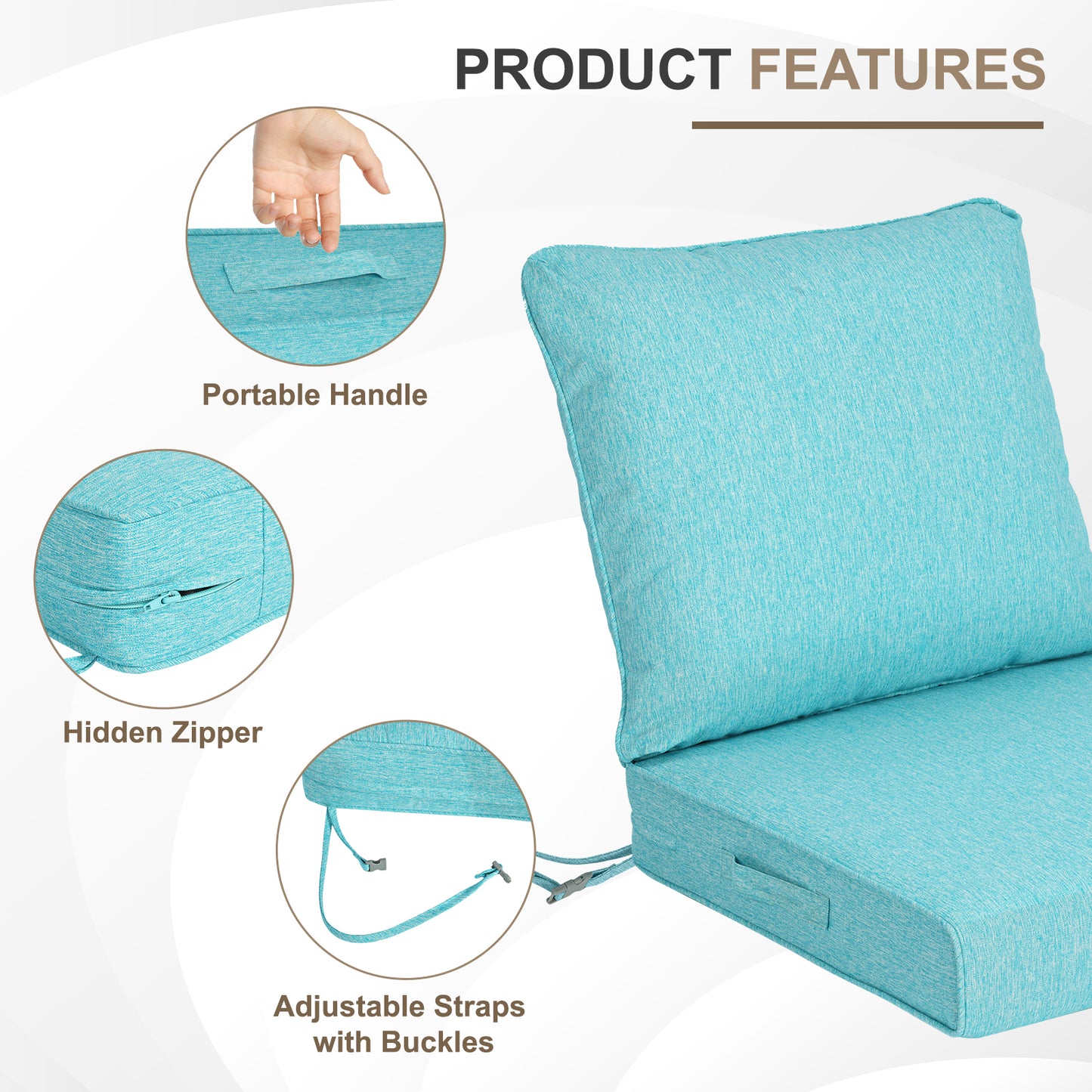 Waterproof Outdoor Deep Seat Cushion Set with Adjustable Straps & Removable Cover - Aruba Blue Aoodor