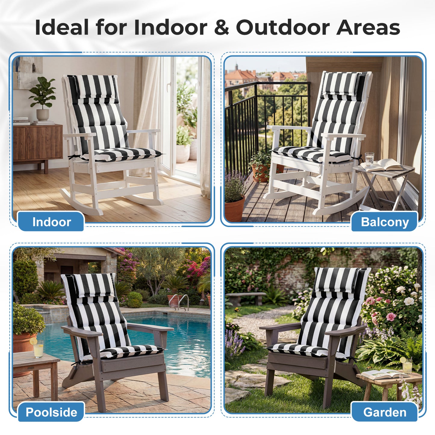 47x21x2.4 inch High Back Patio Chair Cushions with Headrest, Multi-Section, Black Stripe