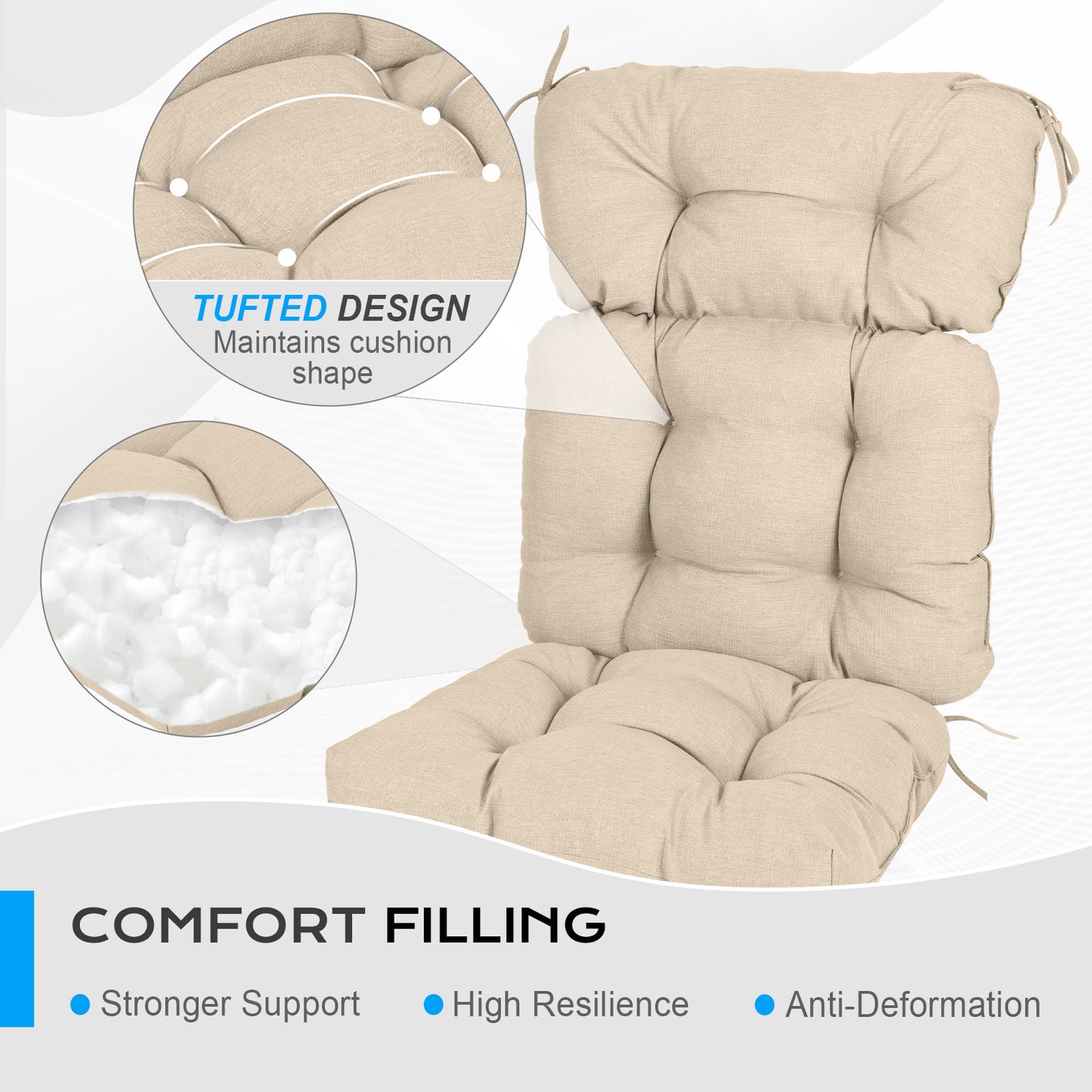 Tufted Outdoor High Back Chair Cushions Patio Rocking Pads for Furniture, Khaki