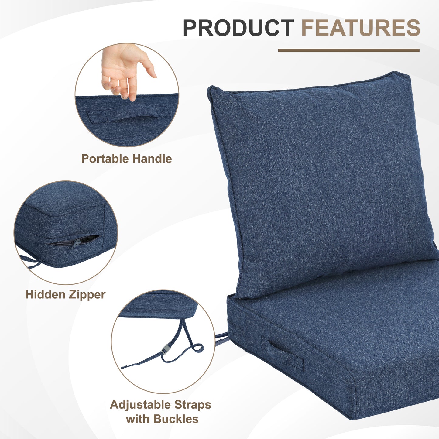 Waterproof Outdoor Deep Seat Cushion Set with Adjustable Straps & Removable Cover - Navy Blue Aoodor