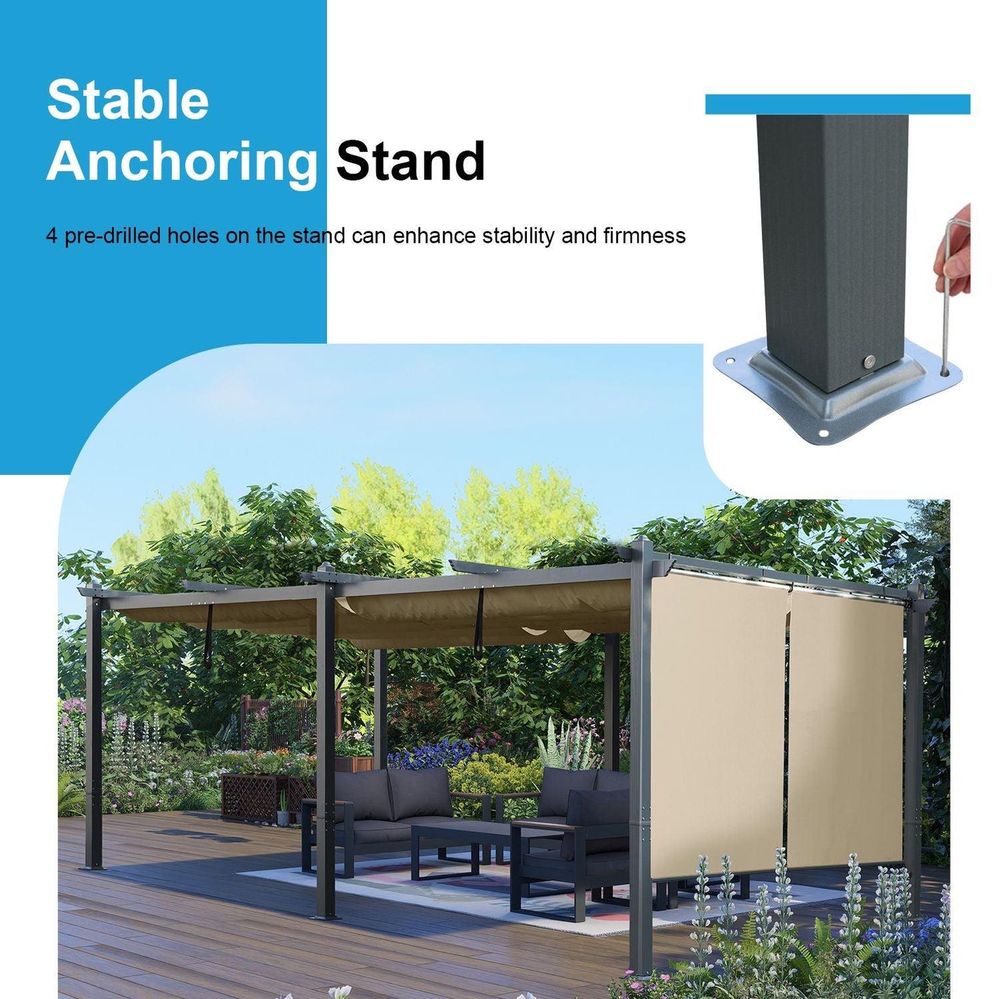 12 x 20 FT Outdoor Pergola with Retractable Shade Canopy, Aluminum Frame, Roller Shade Curtain- khaki/Charcoal Gray Aoodor