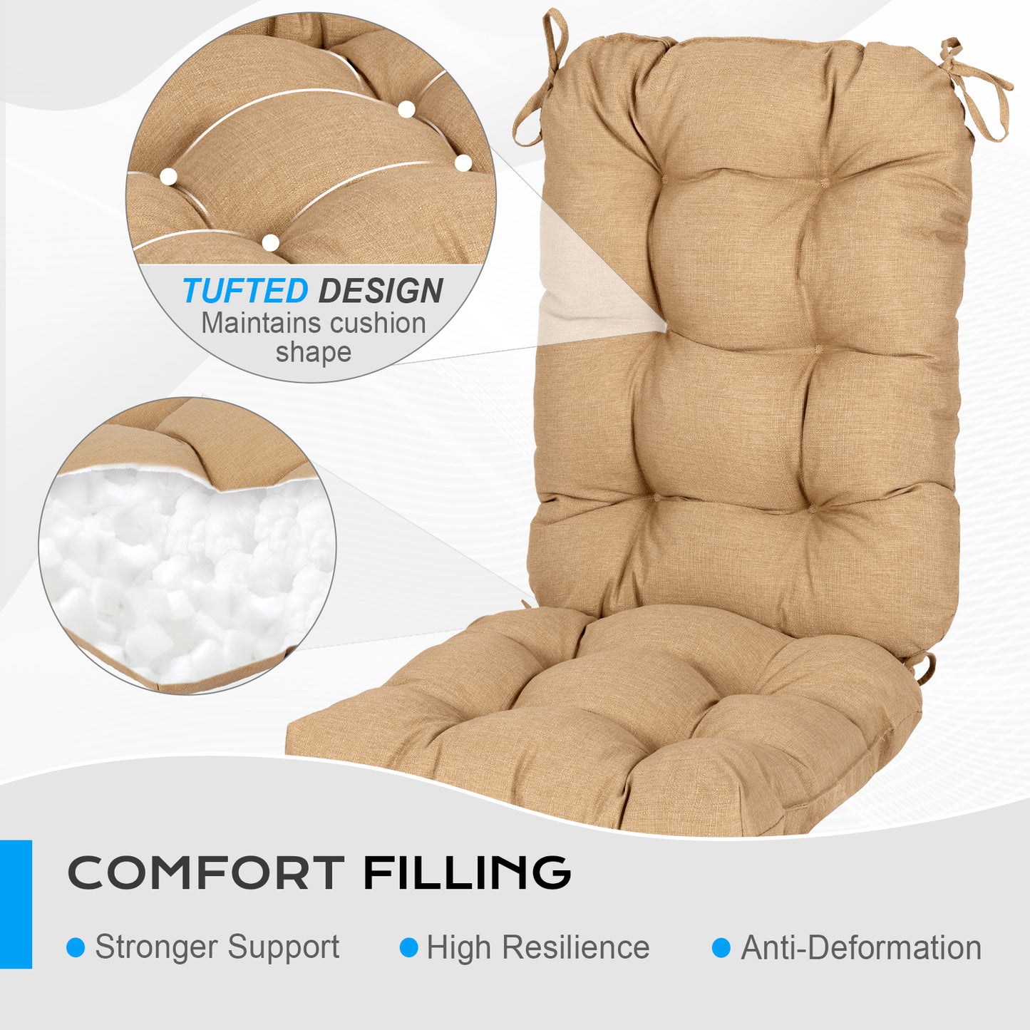 Outdoor Tufted High Back Cushions Patio Replacement Chair Cushion with Ties - Brown