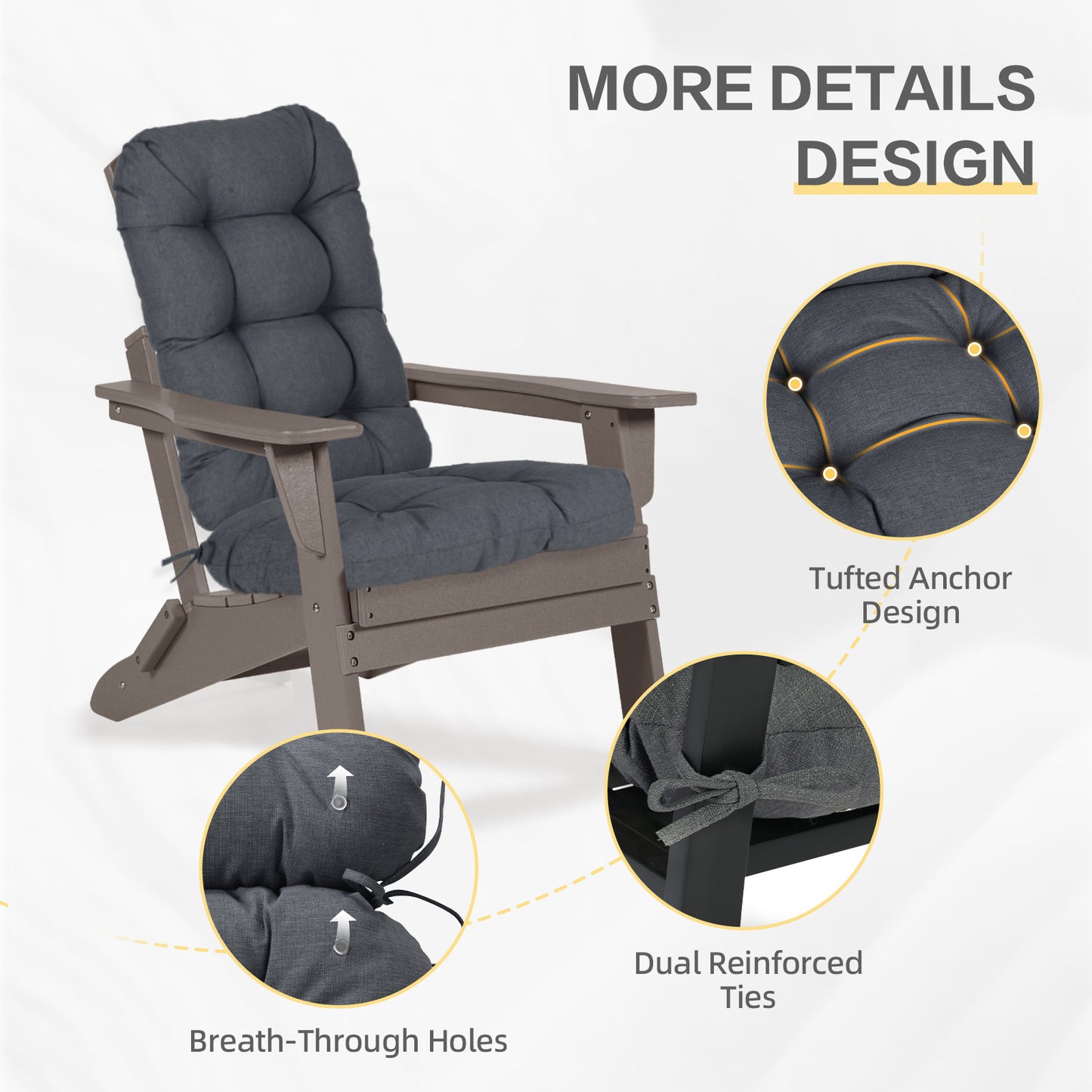 Outdoor High Back Tufted Adirondack Chair Cushion, Patio Rocking Chair Cushions with Ties, Set of 2, Dark Gray Aoodor