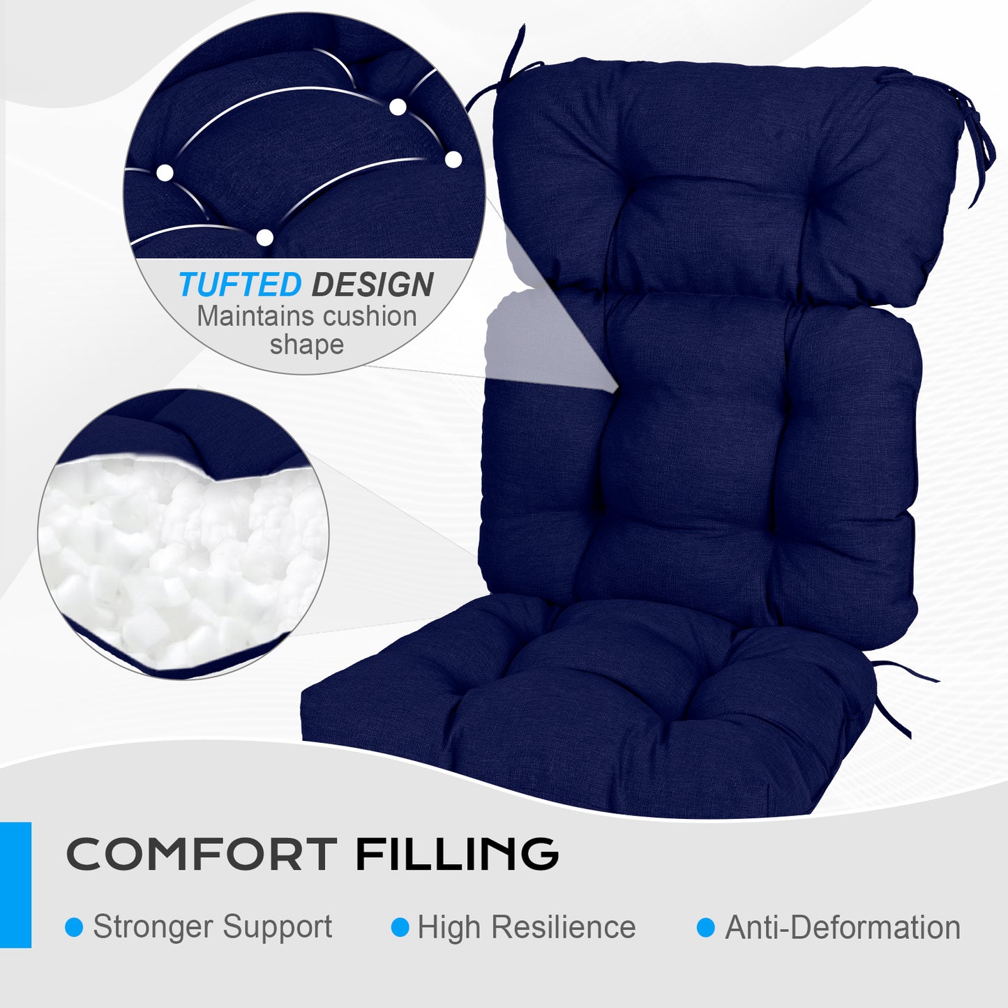 Outdoor Tufted High Back Cushions Patio Replacement Chair Cushion with Ties - Dark Blue