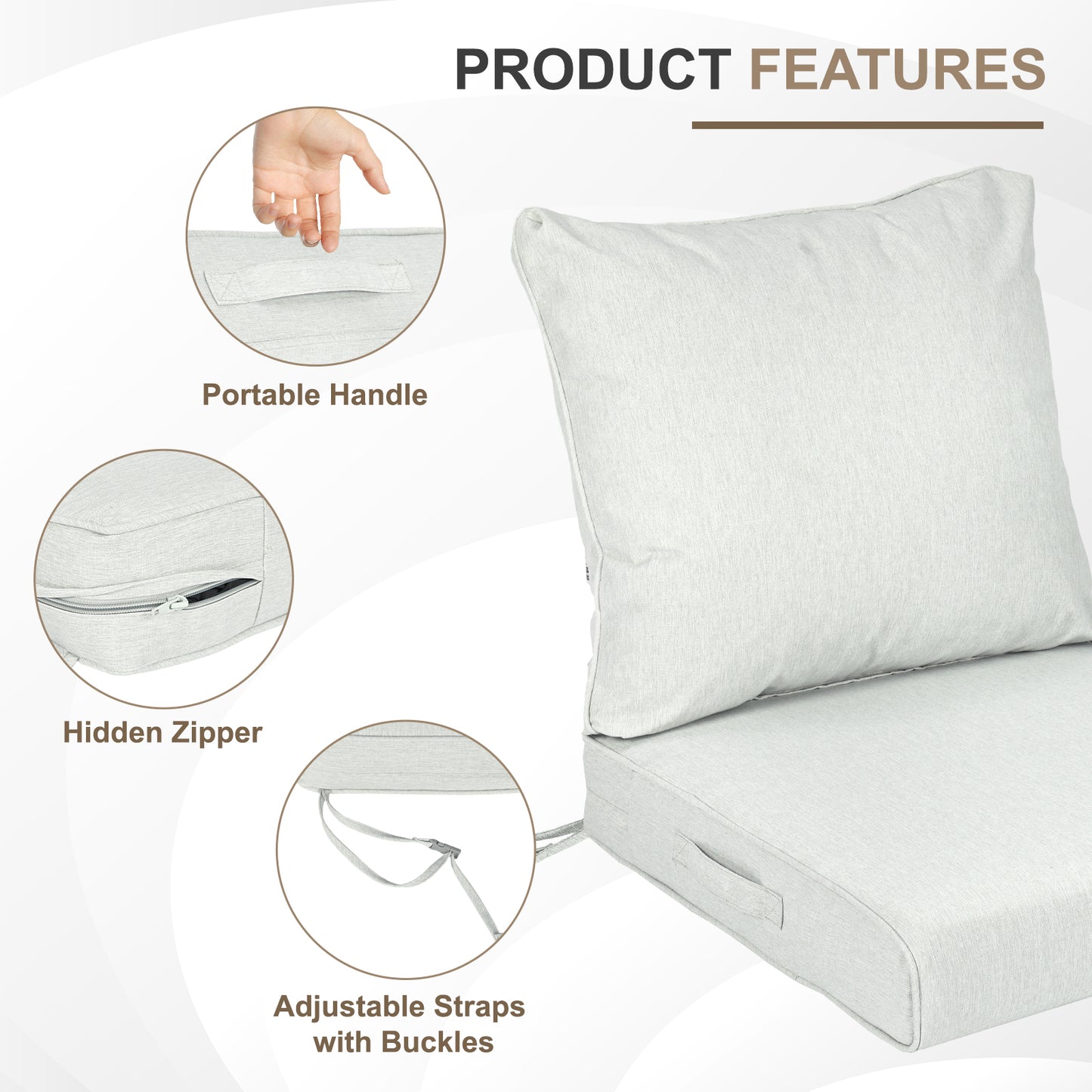 Waterproof Outdoor Deep Seat Cushion Set with Adjustable Straps & Removable Cover - Light Gray Aoodor