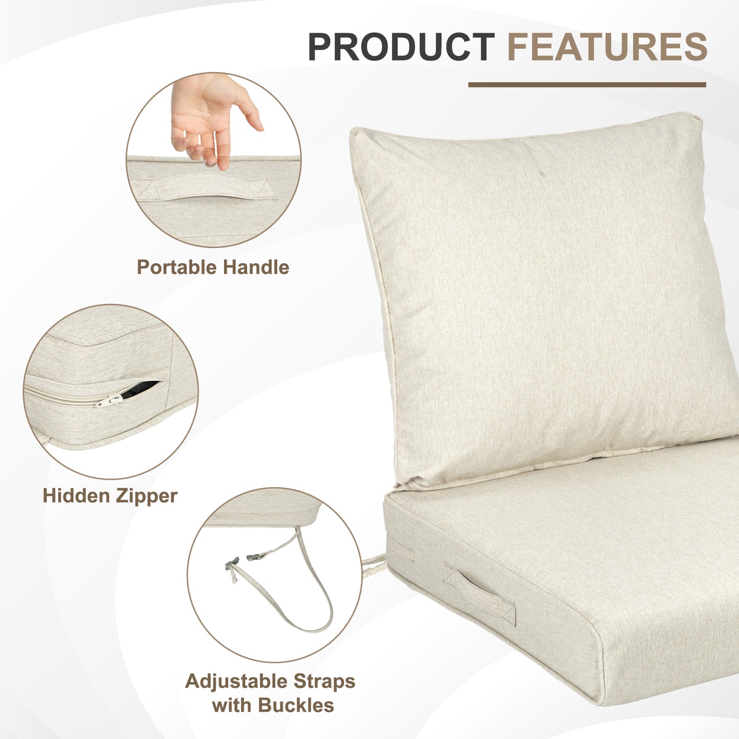 Waterproof Outdoor Deep Seat Cushion Set with Adjustable Straps & Removable Cover - Khaki Aoodor