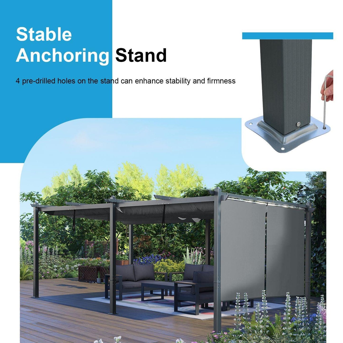 12 x 20 FT Outdoor Pergola with Retractable Shade Canopy, Aluminum Frame, Roller Shade Curtain- khaki/Charcoal Gray Aoodor