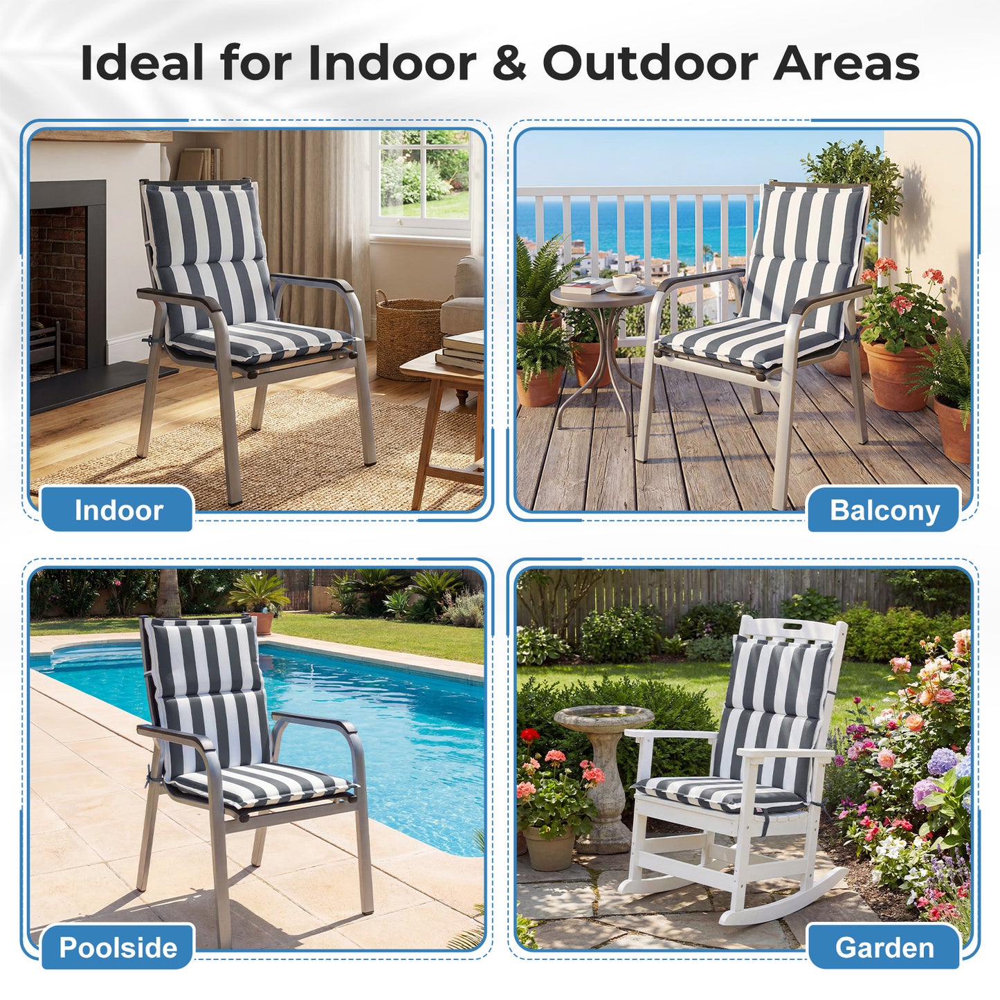 39x20x2.4 inch Outdoor Chair Cushions, Three-Section, Grey Stripe